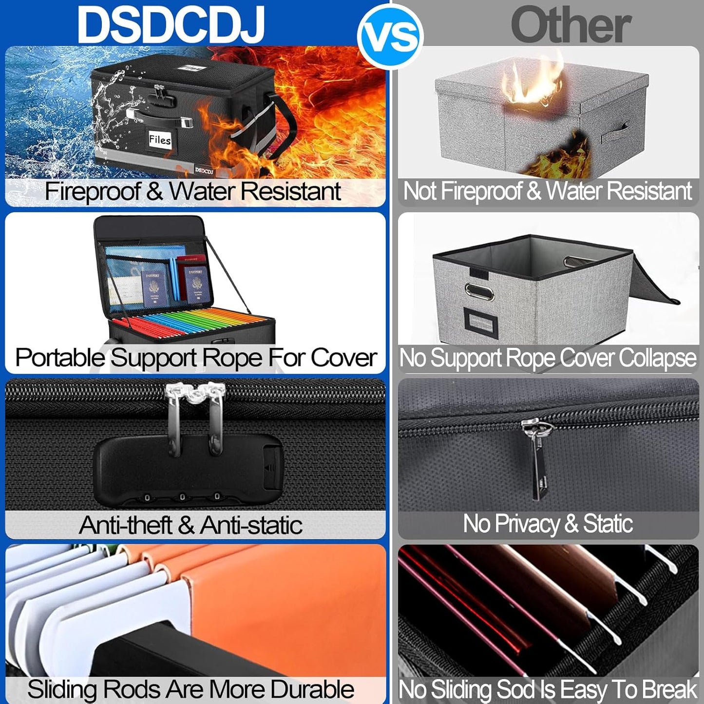 2 Pack Fireproof File Box with Stay-Open Straps, Fireproof Document Box with Lock, Portable File Organizer Filing Cabinet with Handles for Hanging Letter/Legal Folder, 15.5" x 12.3" x 10.5"