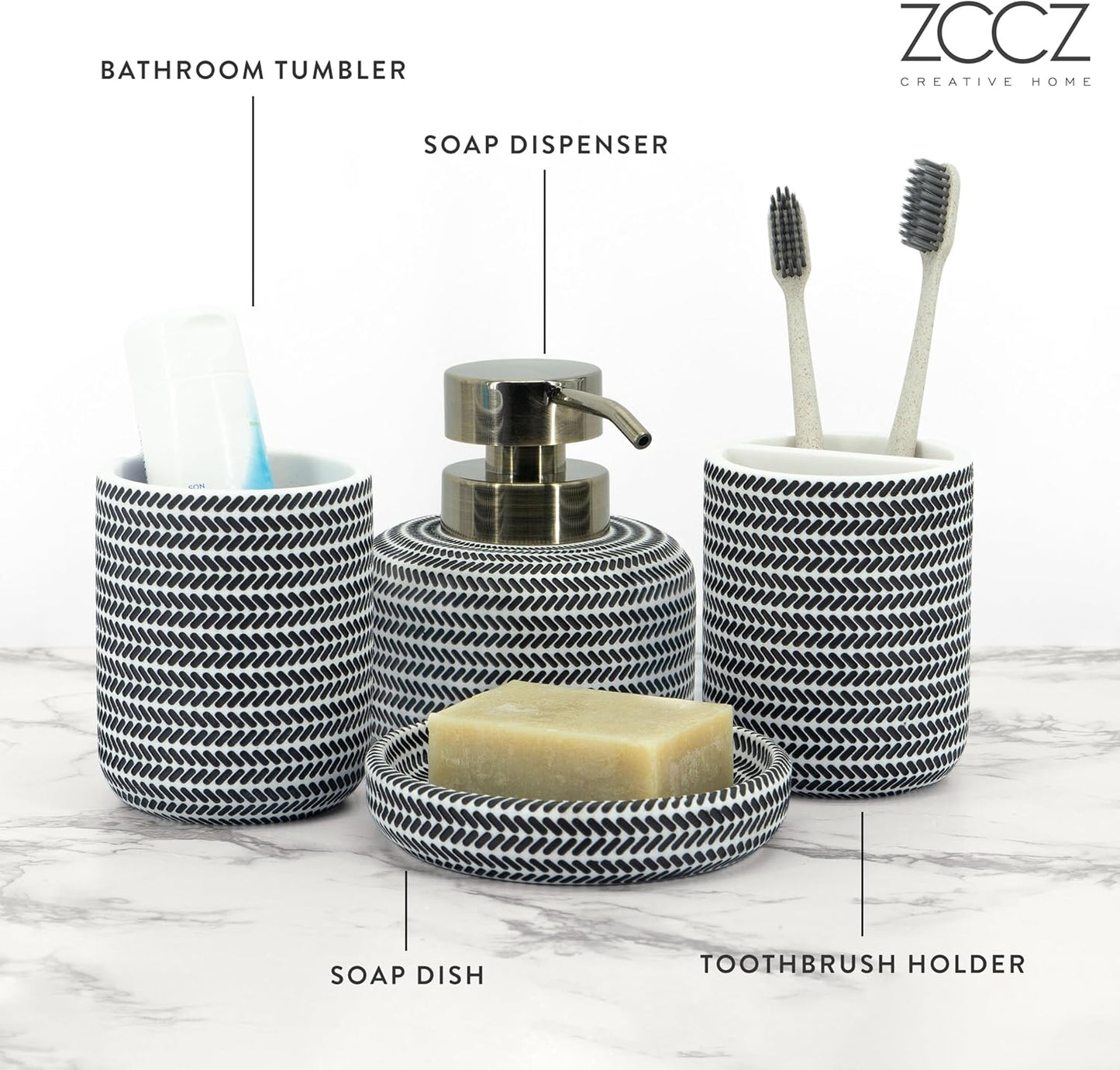 ZCCZ Black and White Bathroom Accessories Set, 4 Pieces - Toothbrush Holder, Soap Dispenser, Vanity Tray, Tumbler - Countertop Organizer for Bathroom Decor - Modern Accessory Set for Home and Office