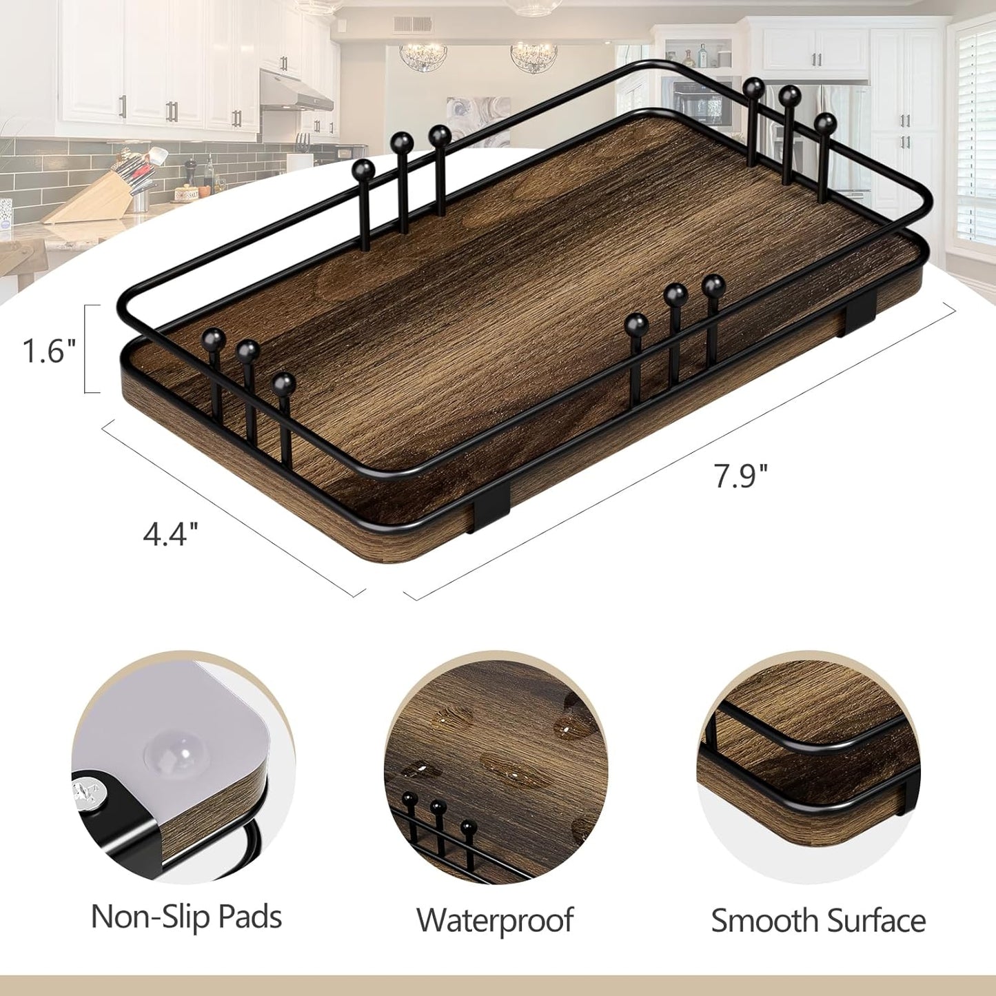 Bathroom Vanity Tray for Toiletries Makeup Perfume Candle Toilet Tank, Kitchen Tray for Soap Dispenser Spice Salt, Small Tray for Countertop Decor Coffee Nightstand 7.9”x4.4” Brown-Black