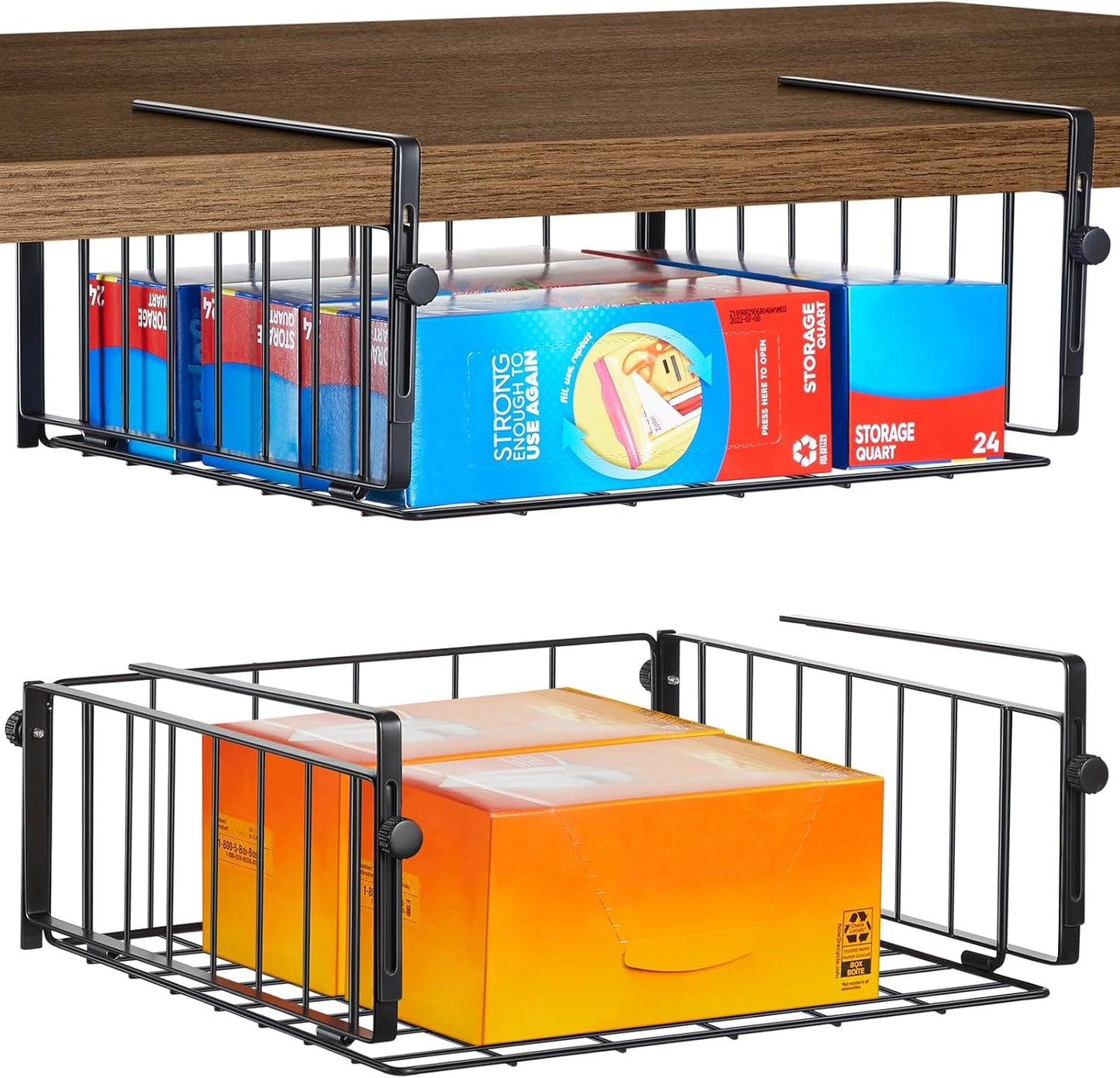 2 Pack Hanging Under Shelf Storage Basket,Adjustable Under Cabinet Add-on Storage Racks Slide-in Baskets Organizer for Laundry Room Kitchen Pantry Desk Bookshelf, Black