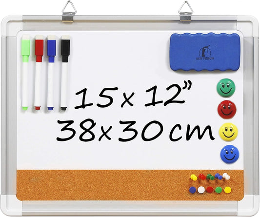 White Board Cork Board Combo - 15x12 in Dry Erase Board with Cork and 1 Magnetic Eraser, 4 Dry Wipe Markers, 4 Magnets and 10 Pins - Wall Hanging Whiteboard with Corkboard for Home and Office (15x12)