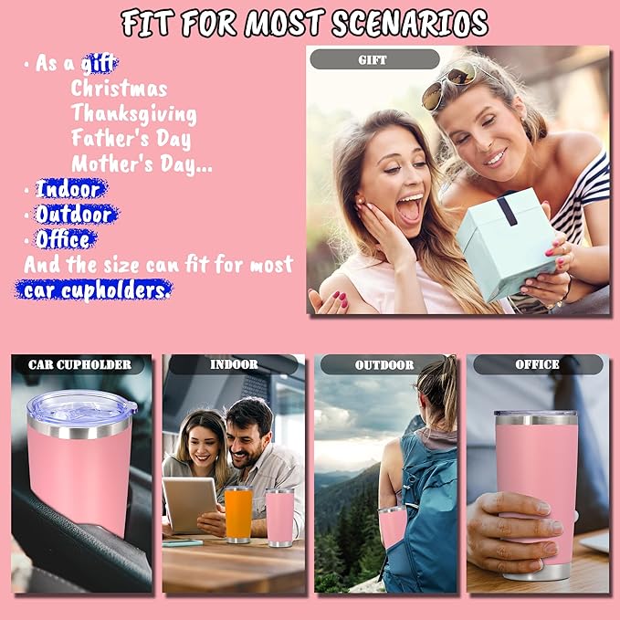 20 oz Tumbler with lid Double Wall Vacuum Insulated Tumblers Stainless Steel Coffee Mug Travel Coffee Tumbler Powder Coated Tumbler Cup Keep Hot&Cold - (Pink 12 Pack)