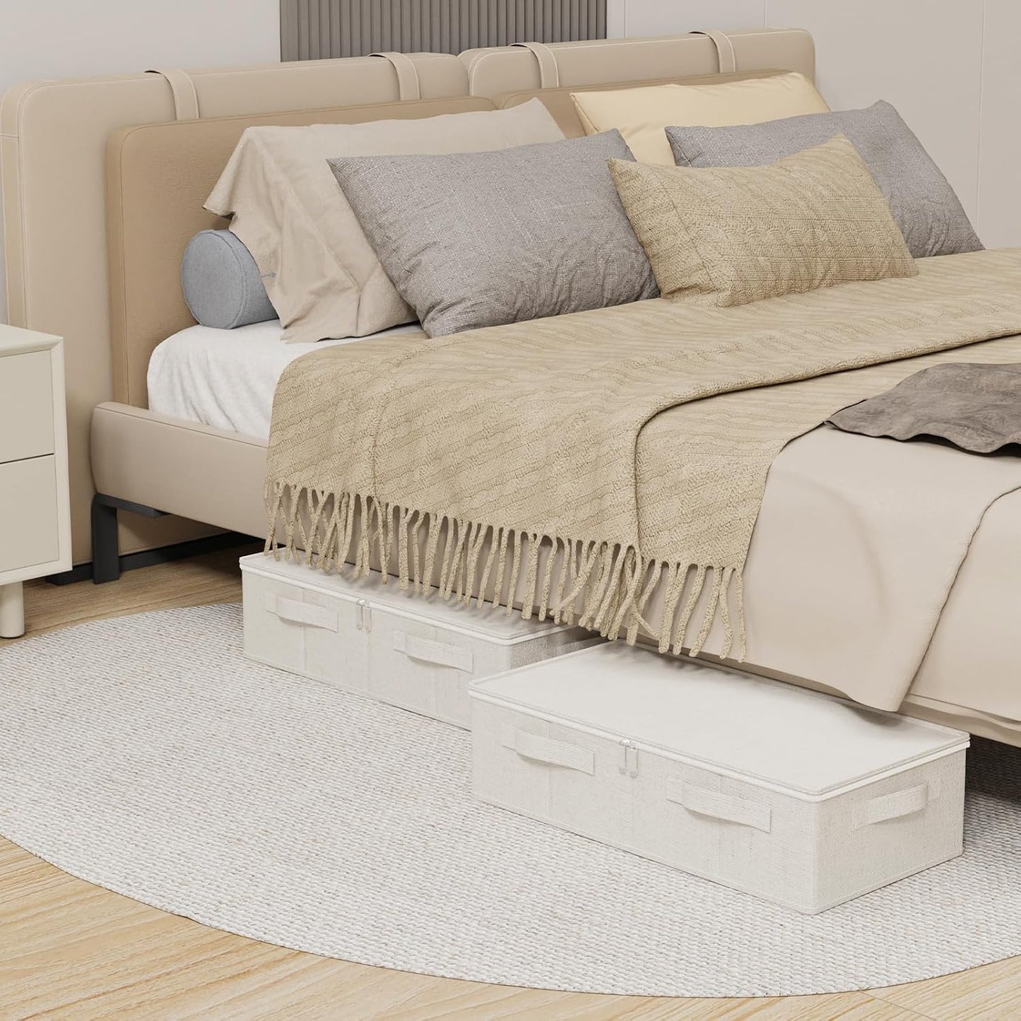 Underbed Storage Box Organizer, Foldable Under Bed Clothes Bags Container, Flat Bins with Lid for Organizing Clothes, Sheets, Blankets, Comforter, 23.6x11.8x5.9in, Beige, 3 Pack