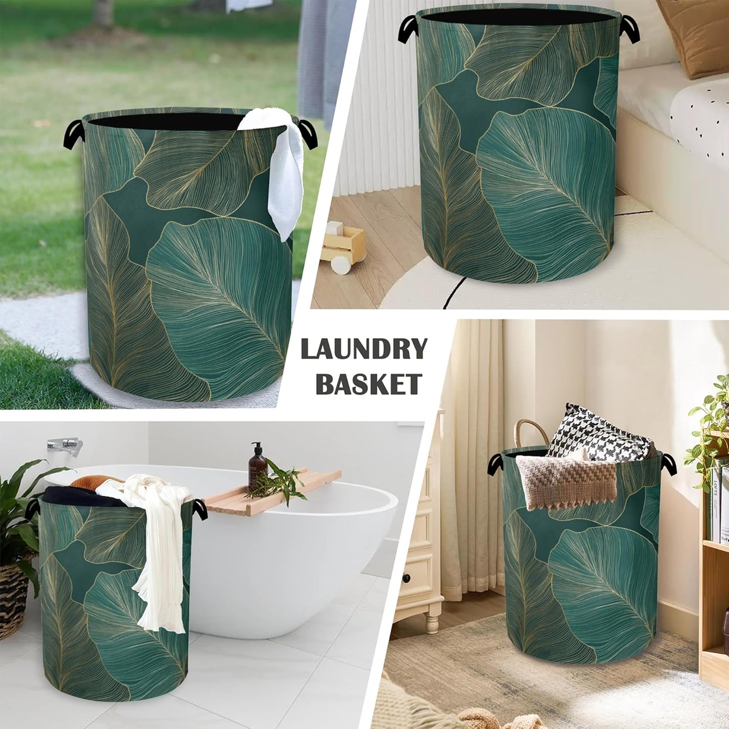 Palm Leaf Golden Laundry Hamper,Tropical Dirty Clothes Laundry Basket with Handles Waterproof Oxford Cloth Storage Basket for College Dorms Bathroom Bedroom 16" x 20.8"