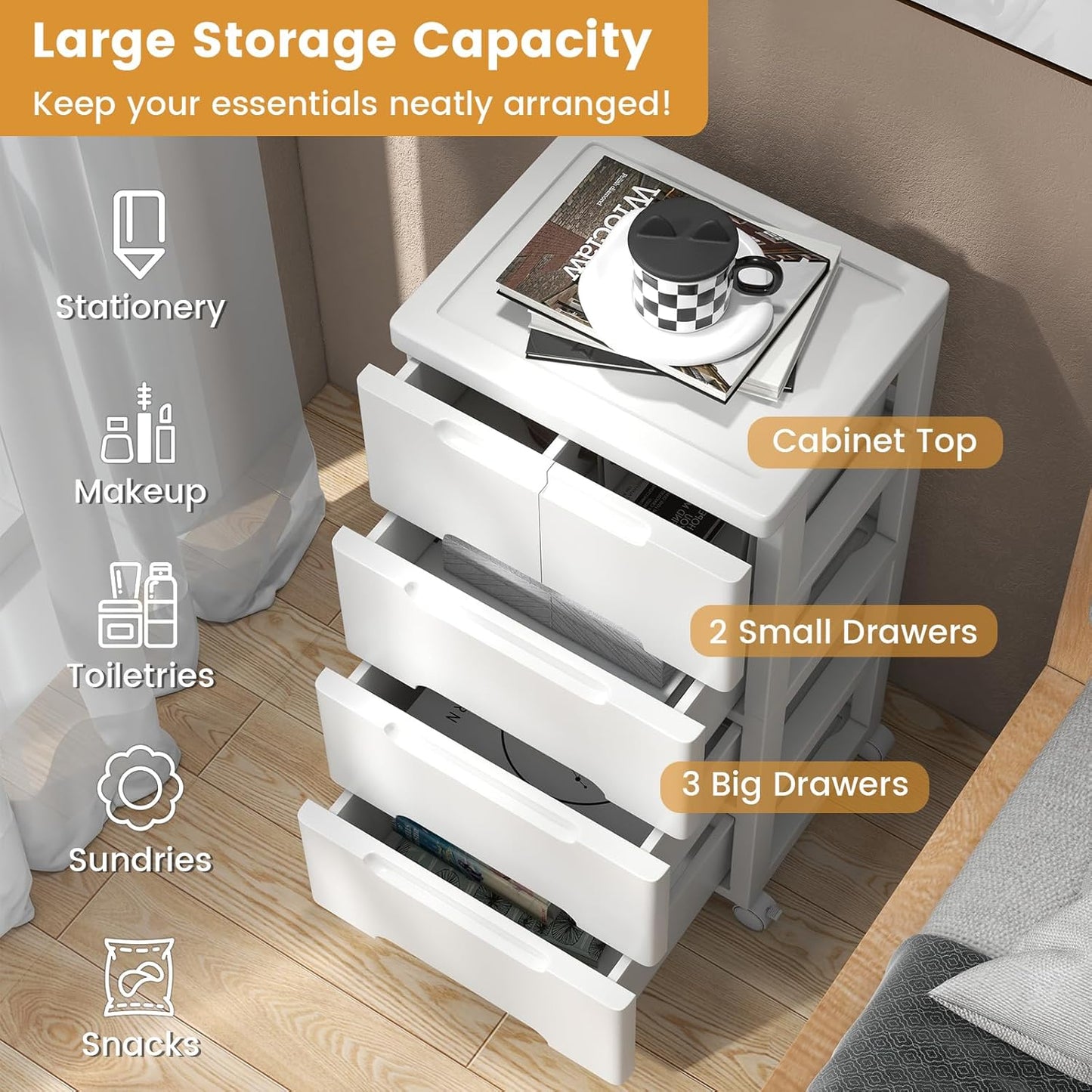 LOKO 5-Drawer Plastic Rolling Storage Cart, Mobile Storage Cabinet with 4 Universal Wheels, Vertical Storage Tower Container Unit for Living Room, Bedroom, Home Office, White (16”x13”x31” (5 Drawers))