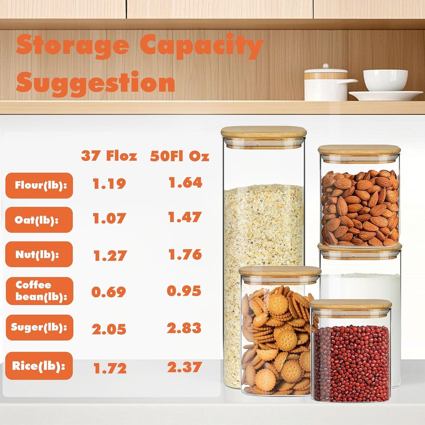 Glass Storage Containers with Airtight Bamboo Lids Muti Size Set of 5,Pantry Food Glass Jar with Lid,Perfect for Kitchen Organization-Nuts,Flour, Rice, Pasta, Sugar, Coffee Beans, Accessories Included