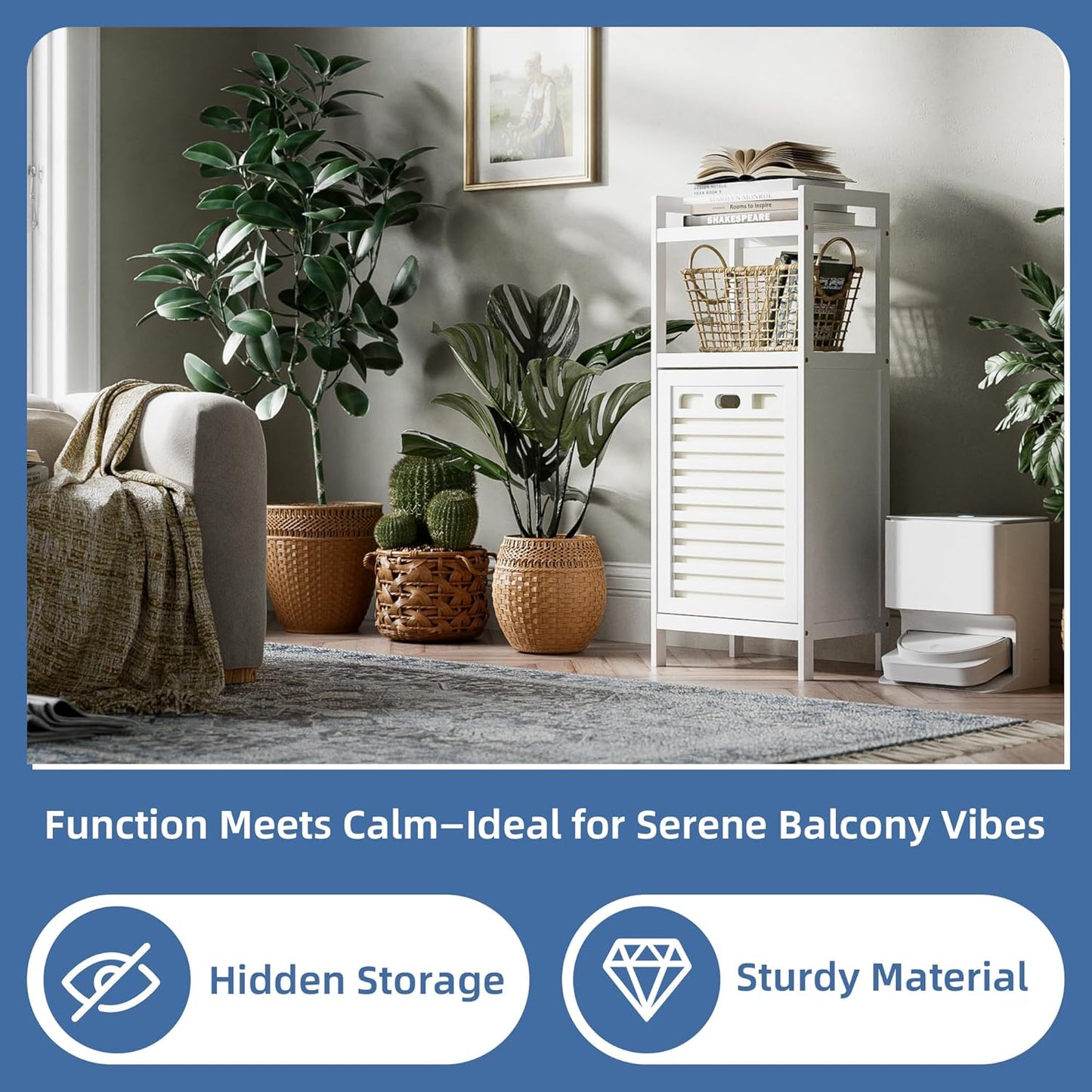 HITNET Bamboo Tilt Out Hamper, Bathroom Laundry Cabinet with Hidden Foldable Basket, Freestanding Clothes Storage Organizer with Storage Shelf, White