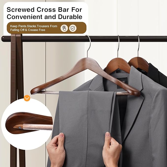 Suit Hangers 6 Pack,Wide Shoulder Wooden Hangers,Solid Wood Coat Hangers with Heavy Duty Retotating Hooks & Non Slip Pants Bar,Smooth Finish Clothes Hanger for Sweater, Pants, Jacket(Walnut)