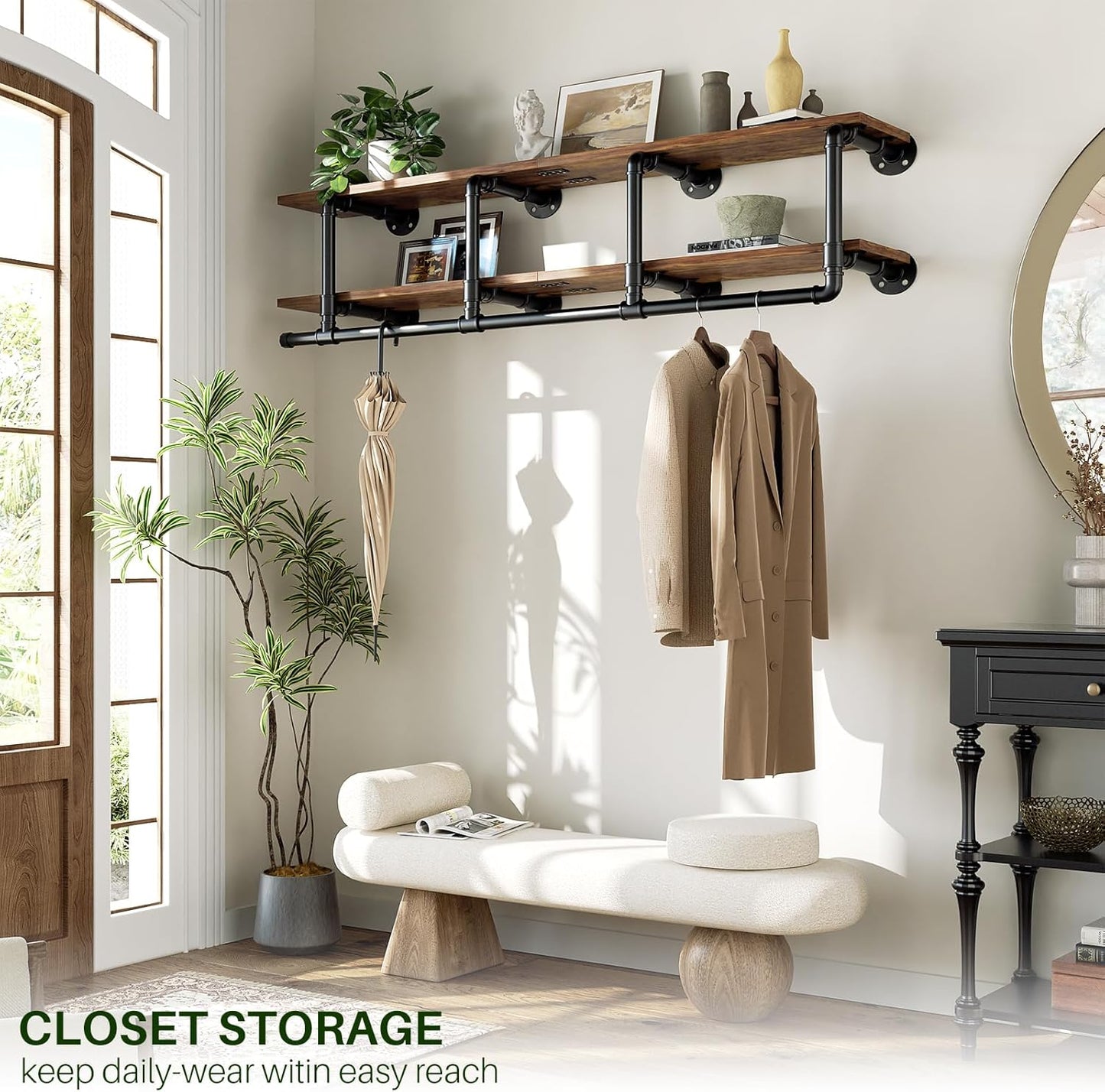 Aheaplus Industrial Pipe Clothes Rack with Top Shelf, 59In Space-Saving Wall Mounted Clothing Rack, 2 Tiers Heavy Duty Pipe Clothing Shelves with Hanging Rod for Laundry Room, Closet, Rustic Brown