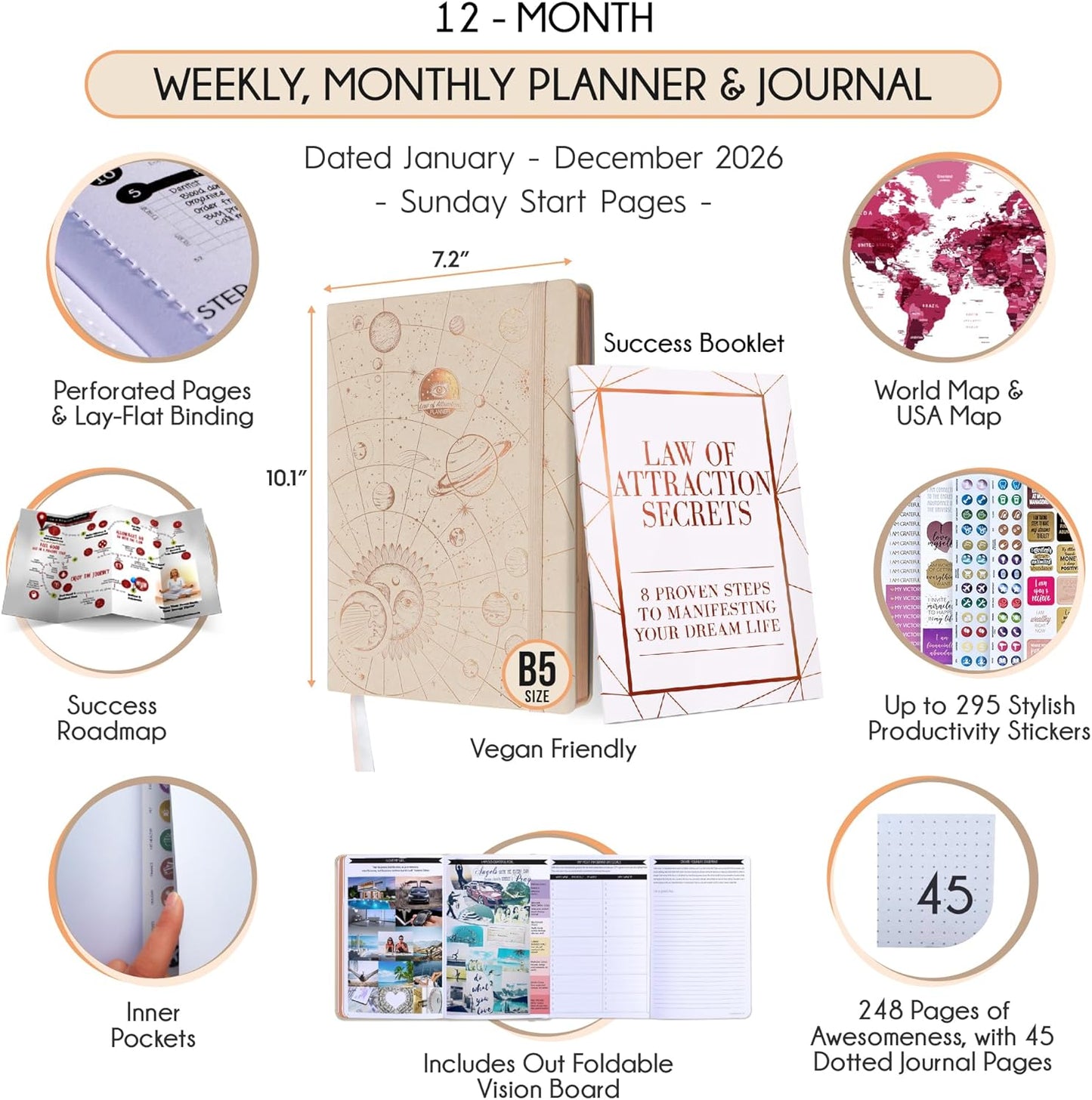 2026 Planner Weekly and Monthly | Law of Attraction Planner with Panduo App | A 12 Month Journey for Productivity, Gratitude & Goal Setting | Includes Foldable Vision Board, Gift Box & Stickers
