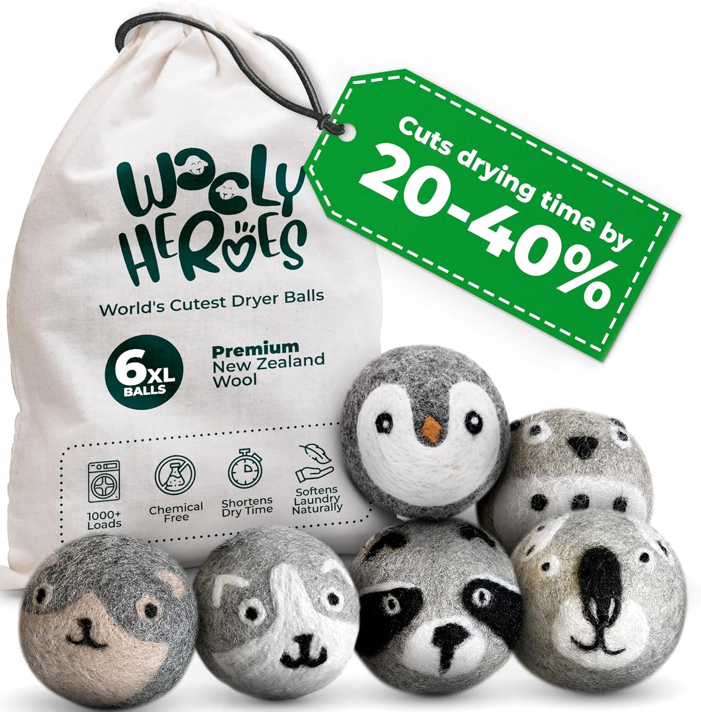 No More Dryer Sheets! Reusable Wool Dryer Balls XL 6-Pack - Reduces Static, Cuts Dry Time, & Softens Naturally