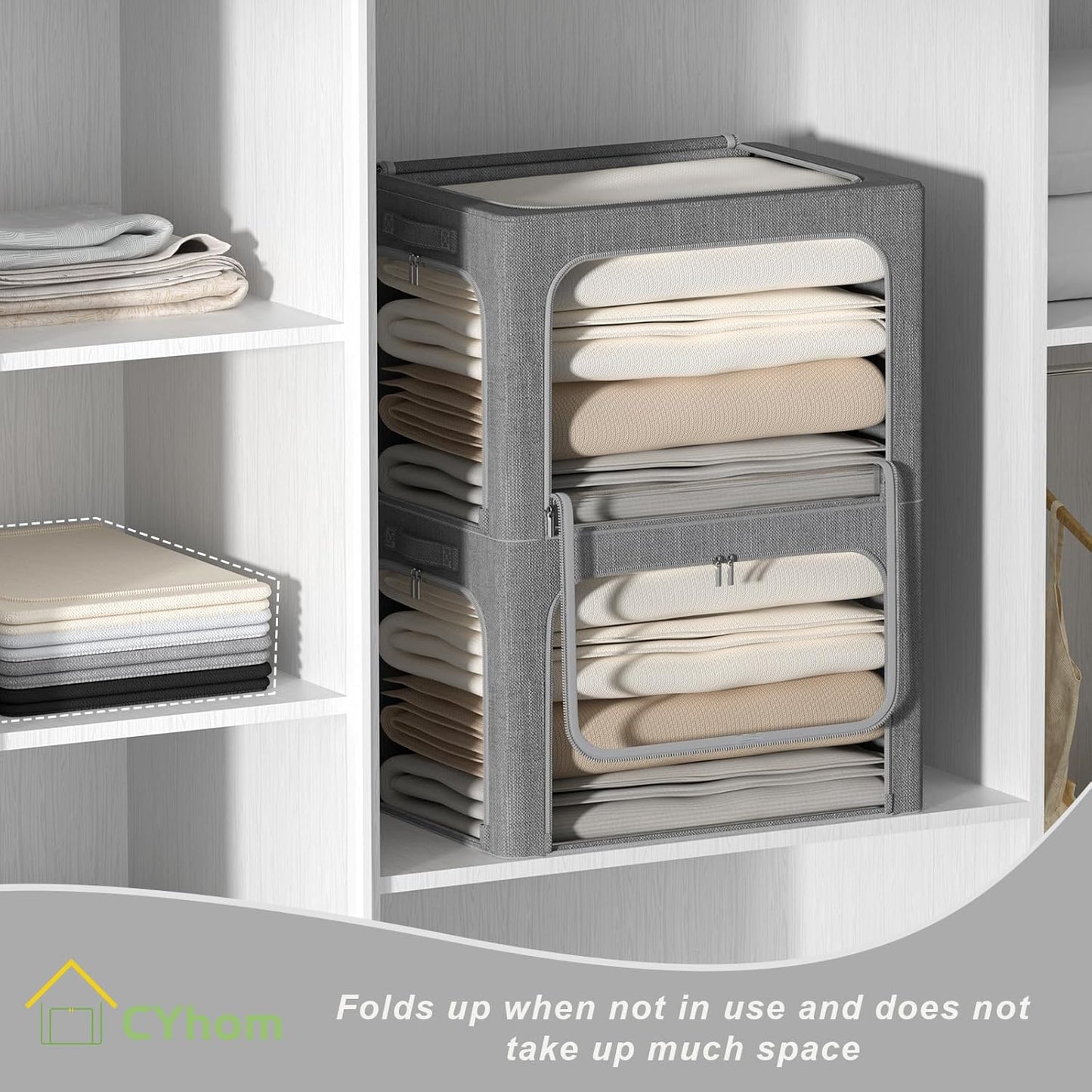 3 Openings Clothes Storage Bins Box - 3Pack Stackable Foldable Storage Bin - Metal Frame Storage Box Clothing Storage Organizer with Clear Window, Carry Handles (Drak Grey, 100L-23.6x16.5x15.7in)