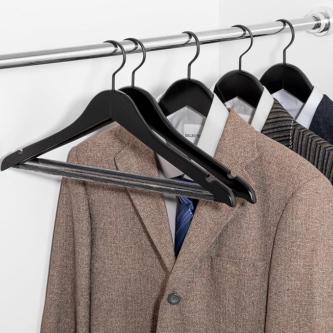 TOPIA HANGER Premium Wooden Hangers, Luxury Boutique Wood Hangers with Extra Thick Hook and Non Slip Pants Bar, Heavy Duty Coat Hanger with Notches 16 Pack, Black -CT01B