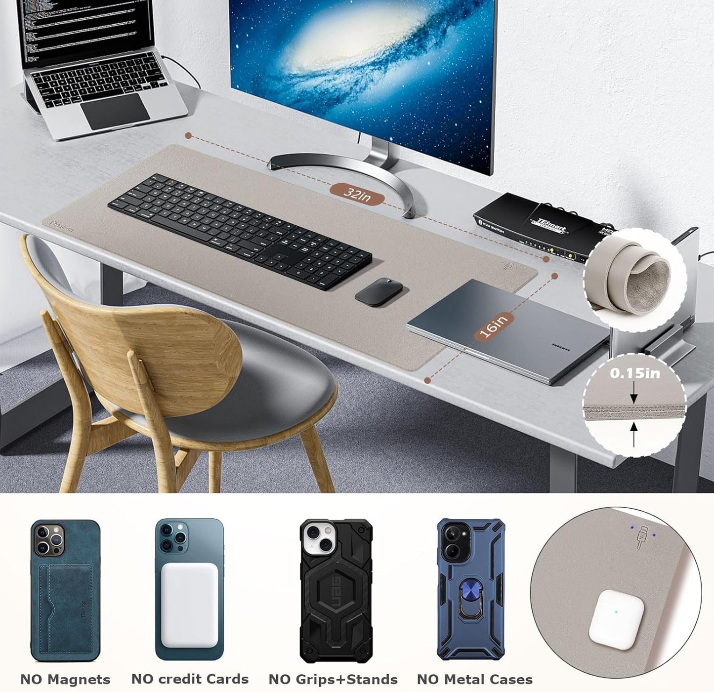 Wireless Charging Mouse Pad Firelison 2 in 1 Leather Multifunctional Office Desk Pad with Non-Slip Rubber Base, Waterproof Desk pad for Computers/Office/Work/Home/Decor（ 32" x 16"Grey - R）