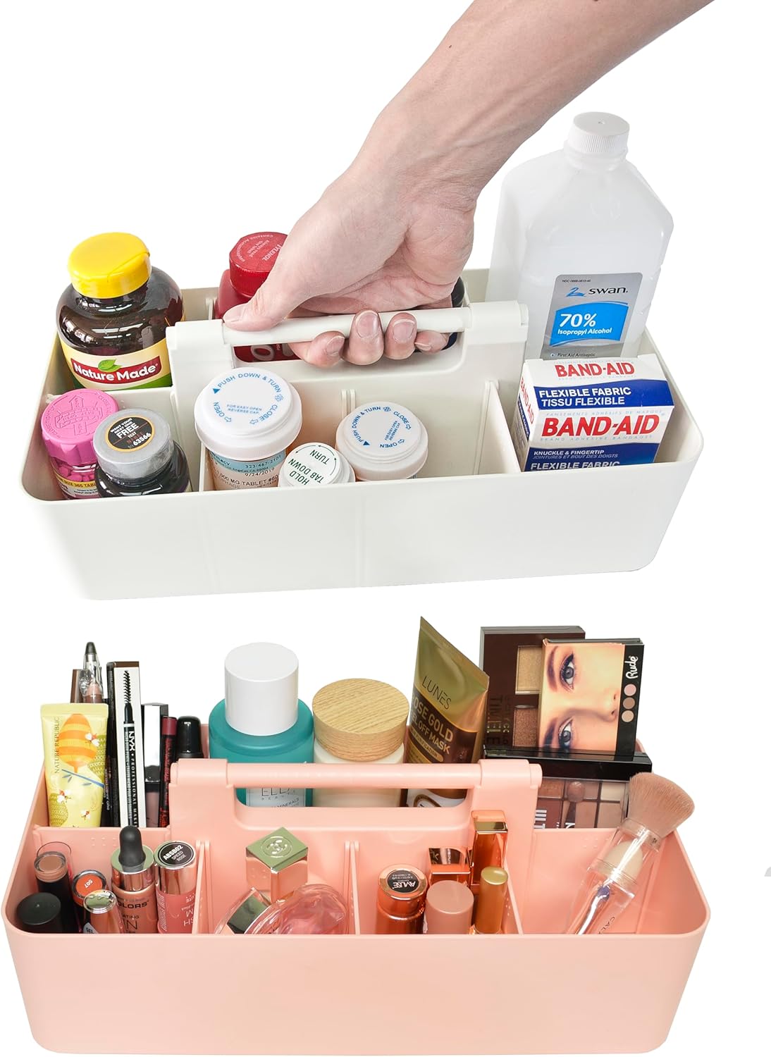 Portable Caddy Organizer -2 Stackable Plastic Caddy with Handle | Desk, Makeup, Dorm Caddy, Classroom Art Organizers (Made In Usa) (Ivory/Indie Pink)