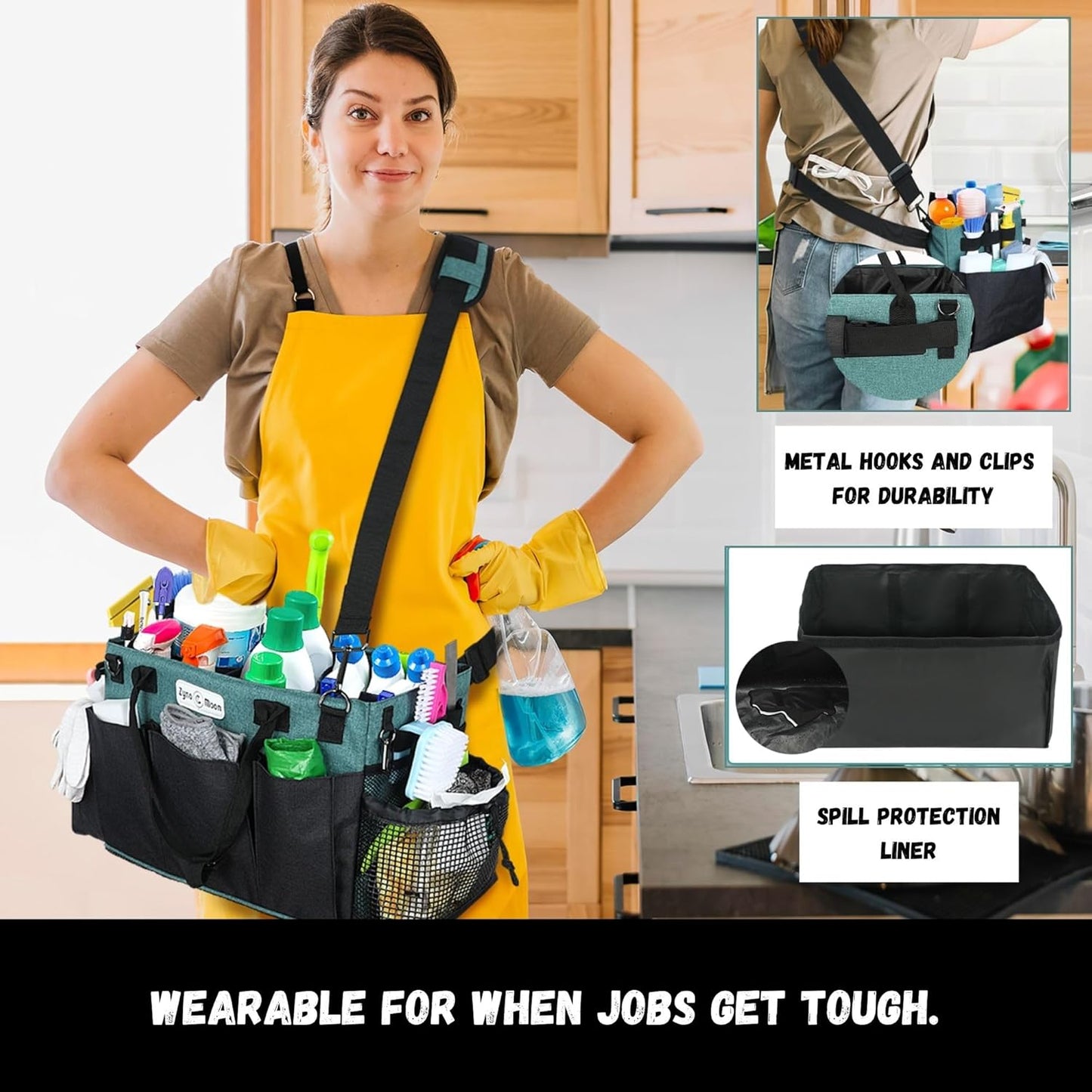 Wearable Cleaning Caddy – Portable Detailing Organizer with Spill-Proof Liner, Straps & Handles – Large Tote for Cleaning Pros, Auto Detailers, and Housekeepers – Green/Gray