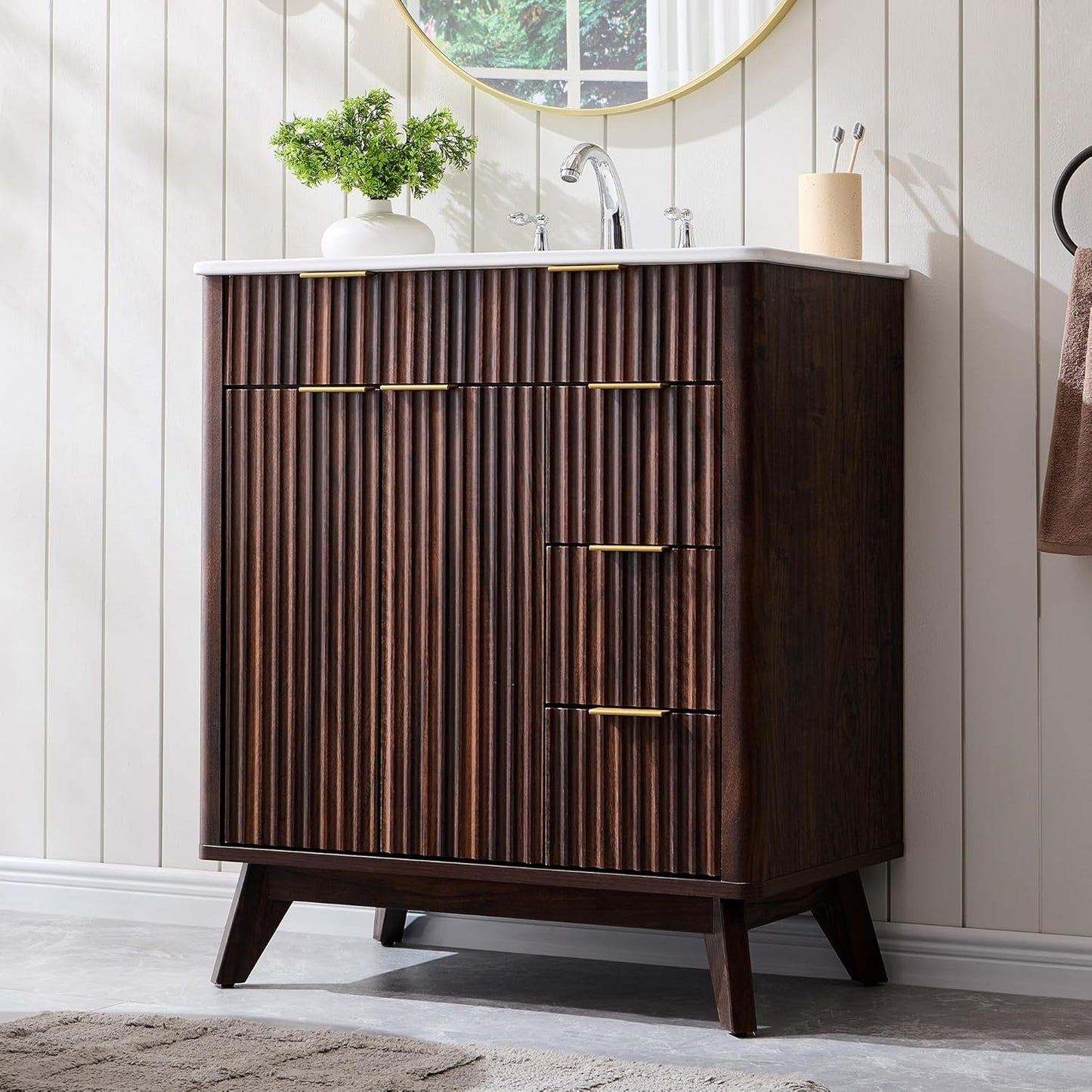 T4TREAM 30" Fluted Bathroom Vanity with Ceramic Sink Combo，Freestanding Modern Bathroom Storage Vanity Cabinet with 2 Soft Closing Doors & 3 Drawers，Wood Grain Texture，Metal Handle，Dark Walnut