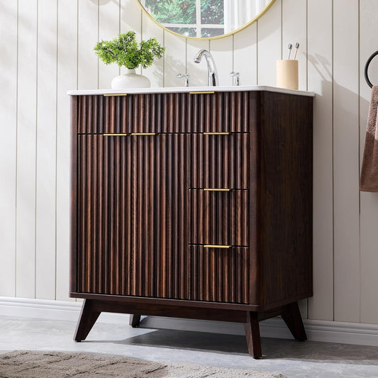 T4TREAM 30" Fluted Bathroom Vanity with Ceramic Sink Combo，Freestanding Modern Bathroom Storage Vanity Cabinet with 2 Soft Closing Doors & 3 Drawers，Wood Grain Texture，Metal Handle，Dark Walnut