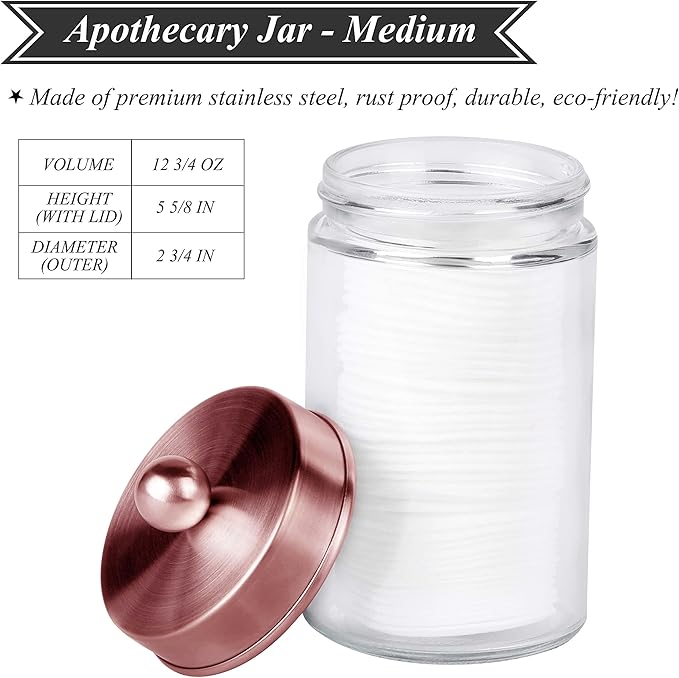Apothecary Jars 3 Pack - Glass Bathroom Containers with Stainless Steel Lids - Rustic Farmhouse Decor Bathroom Accessories, Vanity Organizer Apothecary Jars for Qtip/Cotton Balls (Rose Gold)