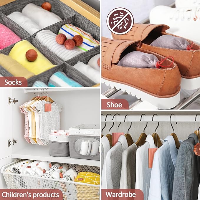 Woodever Cedar Blocks for Clothes Storage 56 Pcs, 100% Aromatic Planks with Metal Hooks, Cedar Wood Chips and Balls for Closets and Drawers, Fresh Scented Sachets