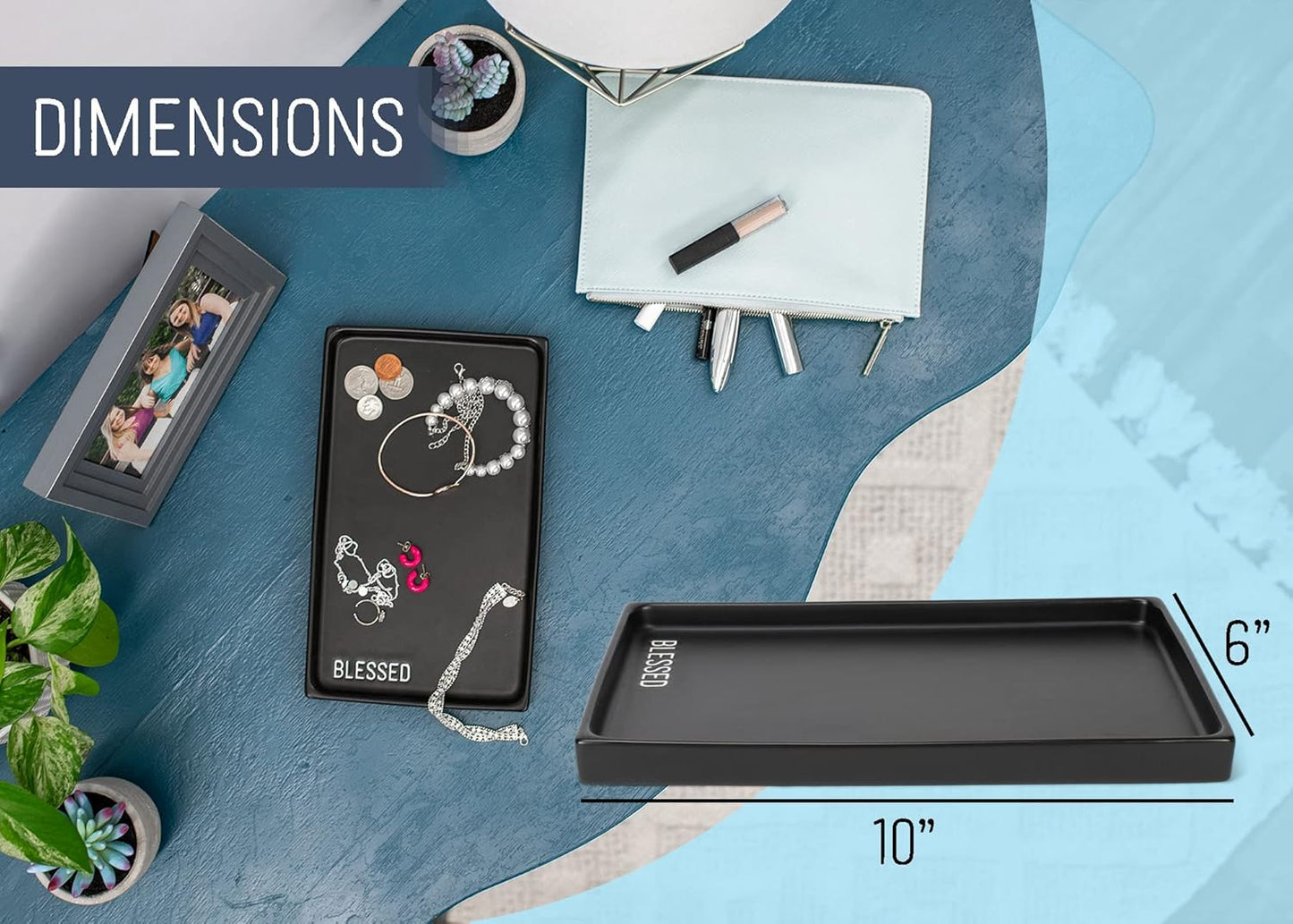 NAT & Jules Blessed 10 x 6 inch Ceramic Stoneware Vanity Tray - Perfect Bathroom or Kitchen Counter Organization Décor: Sponge Holder, Soap Dish, Jewelry and Perfume Tray, Blessed Black