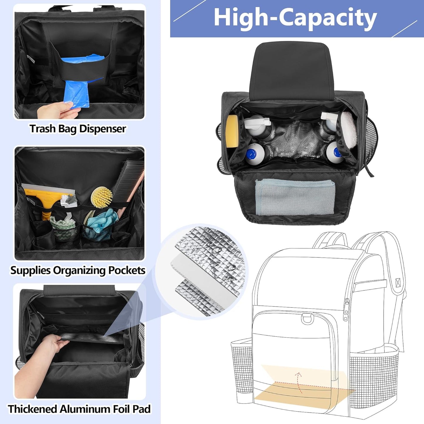 LoDrid Cleaning Bag with Thickened Adjustable Shoulder Straps, Large Cleaning Caddy Organizer with Multiple Pockets for Cleaning and Housework, Black (Patent Designed)