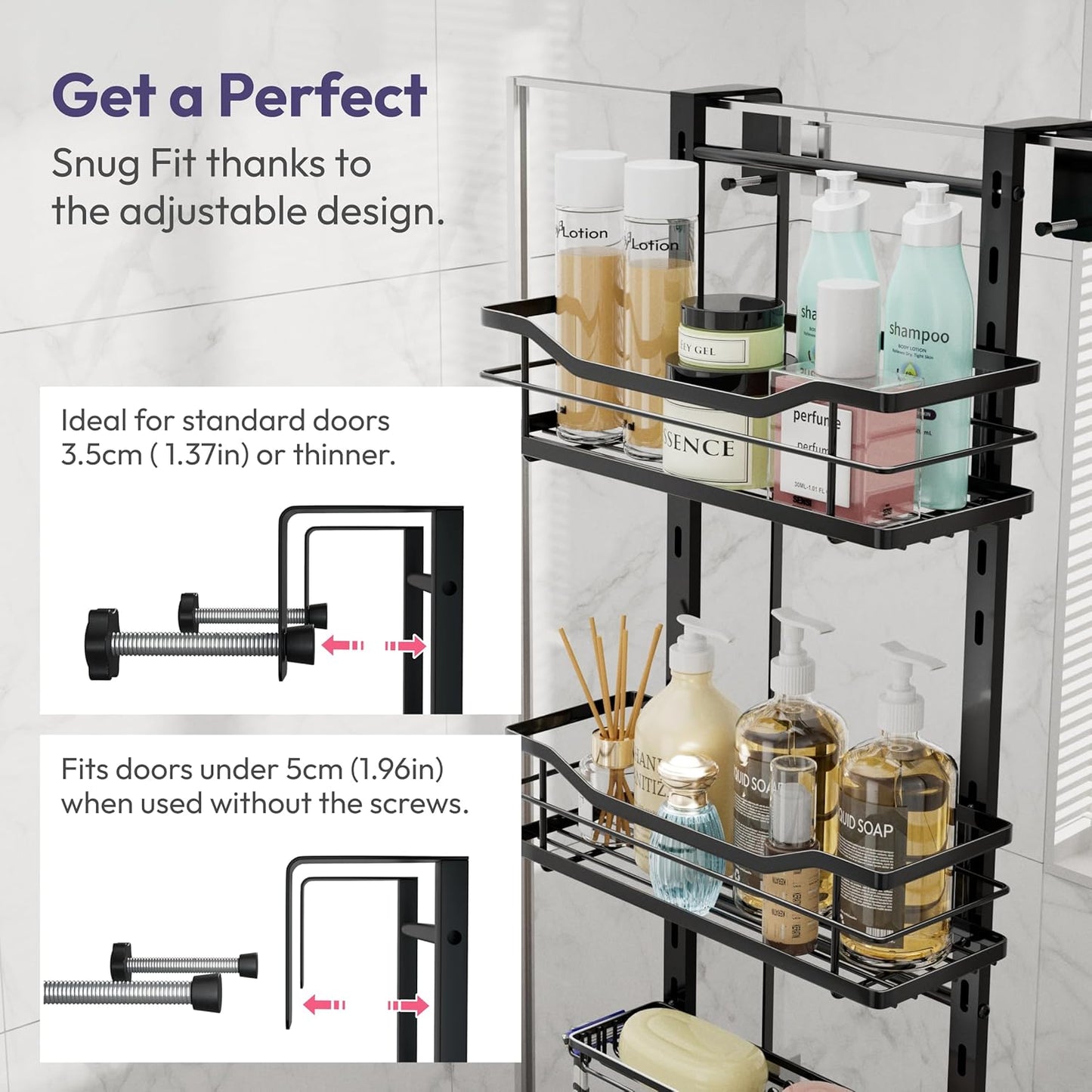 SWTYMIKI Over the Door Shower Caddy - 3 Tier Adjustable Shower Organizer Hanging with Soap Holder, No Drilling Stainless Steel Bathroom Rack Hanging for Body Wash, Shampoo, Soap, Razor, Black