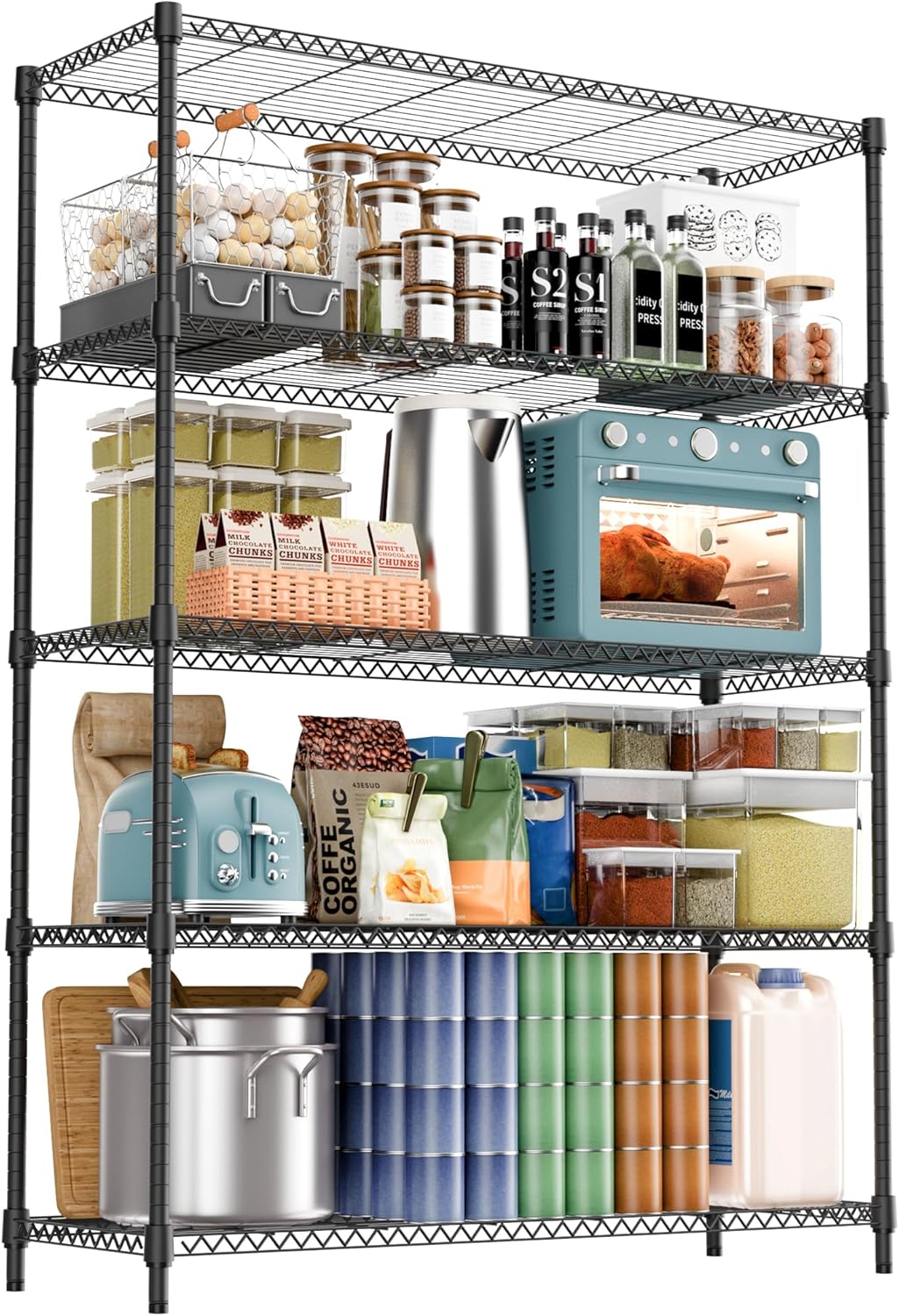 5 Tiers Shelf 1750 lbs Steel Storage Shelving Utility Shelving Unit Steel Organizer Wire Rack for Home,Kitchen,Office,Garage Black 17.7" D x 47.2" W x 72.4" H