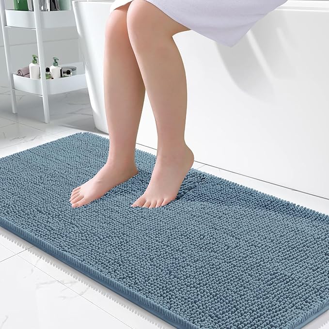 OLANLY Bathroom Rugs 47x24, Extra Soft Absorbent Chenille Bath Rugs, Rubber Backing Quick Dry, Machine Washable Bath Mats for Bathroom Floor, Tub and Shower, Home Decor Accessories, Airy Blue