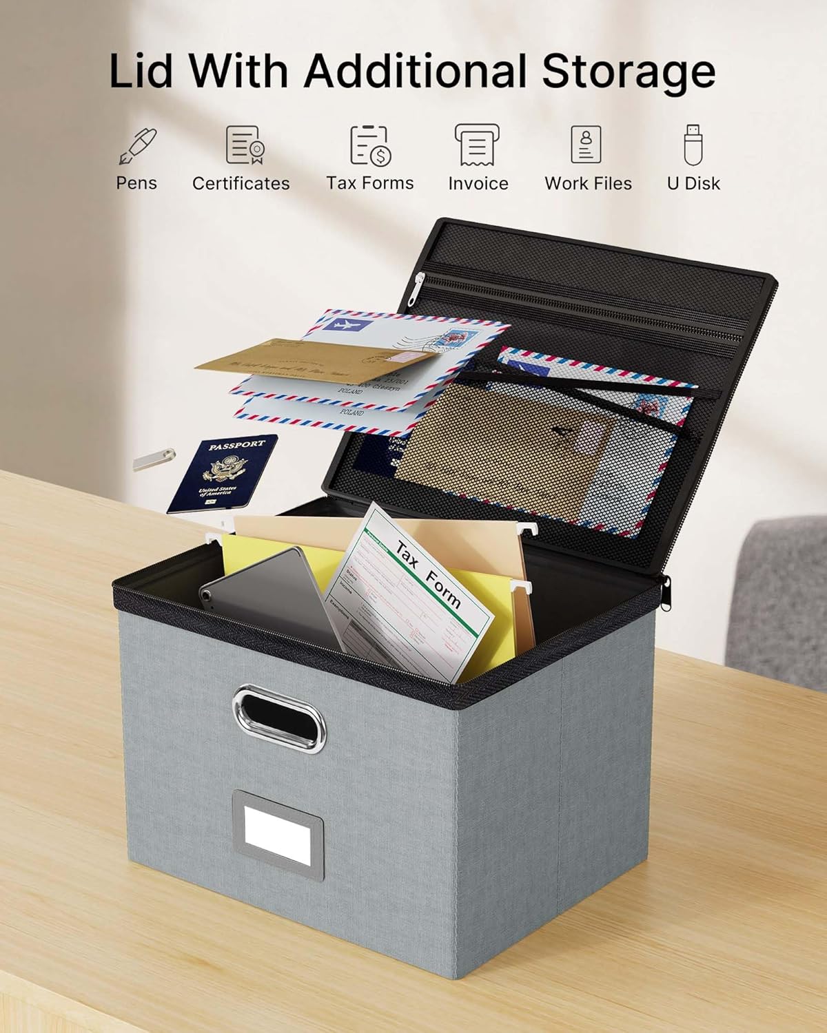 Oterri 2 Pack Large File Organizer Boxes with Lids, File Box with Mesh Pockets, Document Organizer Box for Letter/Legal Size Folders, Zippers Important Document Organizer (Grey, Without Folders)