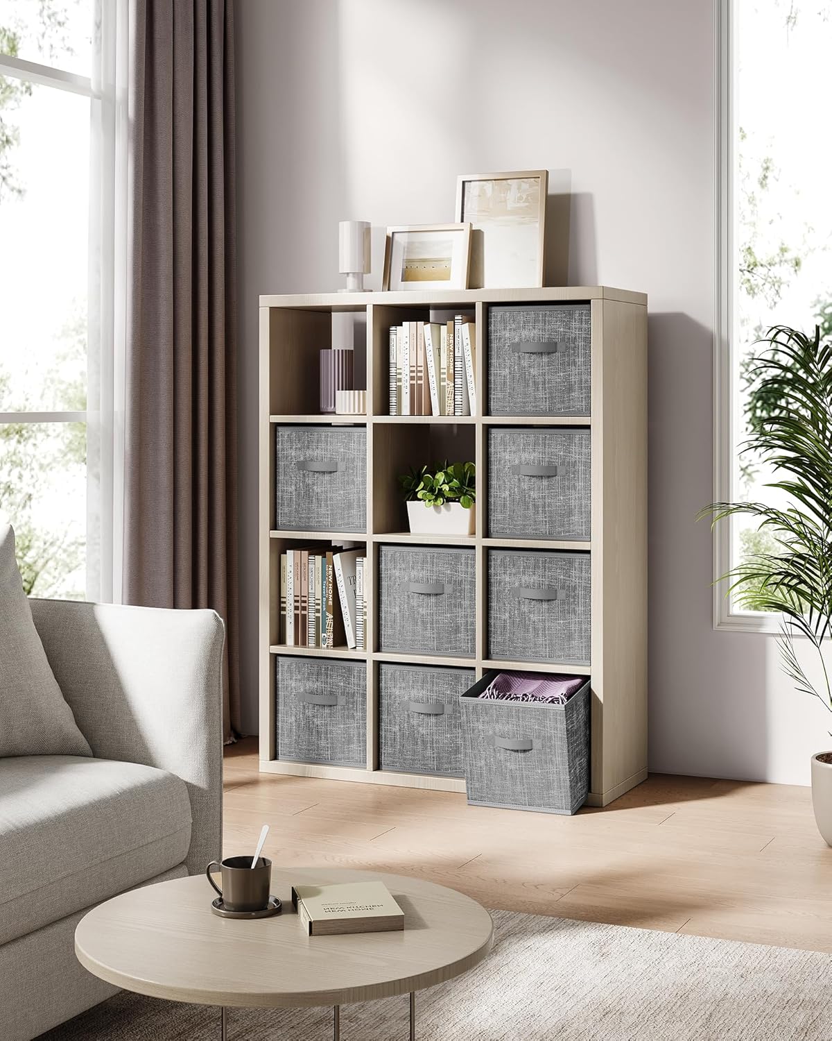 SONGMICS Storage Cubes, 13 x 13 x 13 Inches Non-Woven Fabric Bins with Double Handles, Set of 8, Closet Organizers for Shelves, Foldable, for Clothes, Cattail Gray UROB833G01