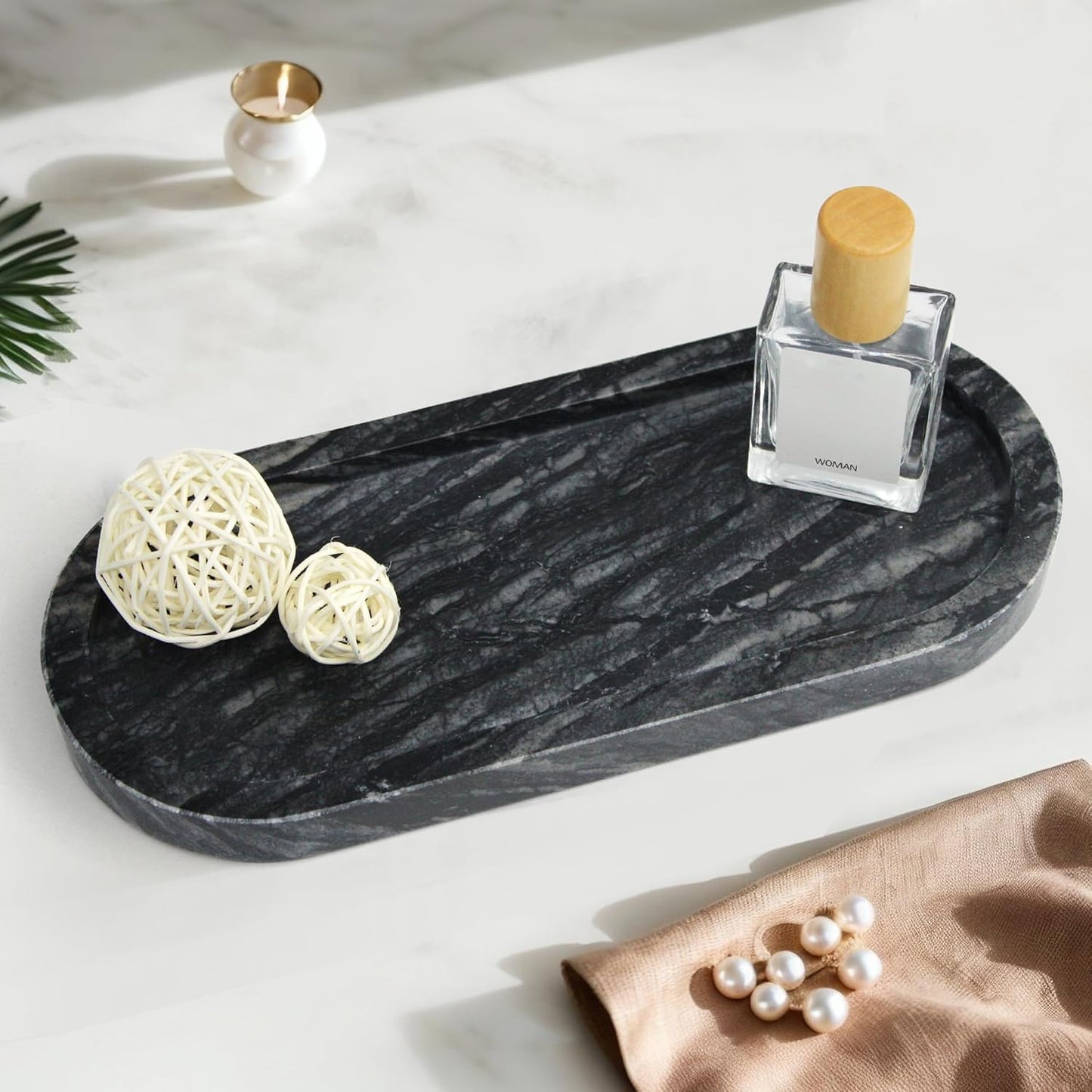 100% Real Natural Marble Tray for Bathroom, Luxury Ancient Wood Grain Stone Vanity Tray, Decorative Oval Trays for Countertop Storage Organizer, Vanity Dresser Kitchen Home Decor, Black
