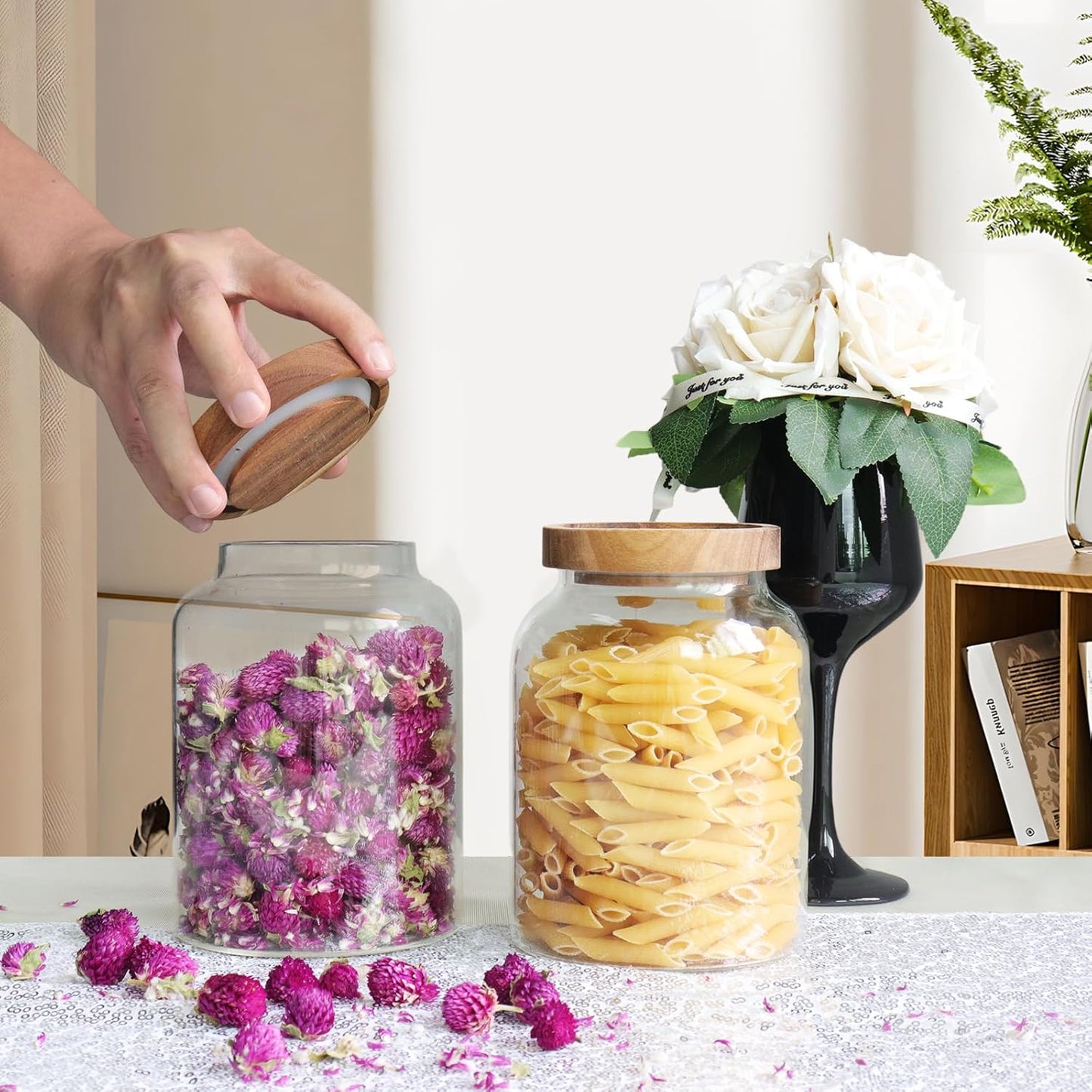 Glass Jar with Spoon Wooden Lid Clear Coffee Ground Containers Set Borosilicate Glass Kitchen Storage Canister for Sugar Espresso Spice Beans Nut Pasta Candy Tea (1200ml(40oz)-with spoon (2pack))