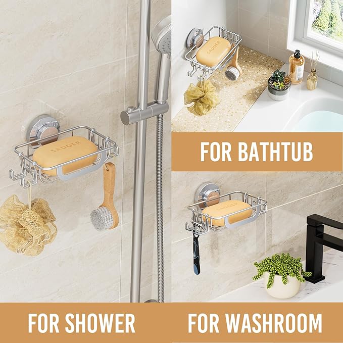 LEVERLOC Bar Soap Holder Dish with Hooks, Soap Tray Suction Cup Wall Mounted for Shower, Stainless Steel Sponge Holder Caddy for Bathroom Kitchen Sink Organizer, Rustproof, Silver