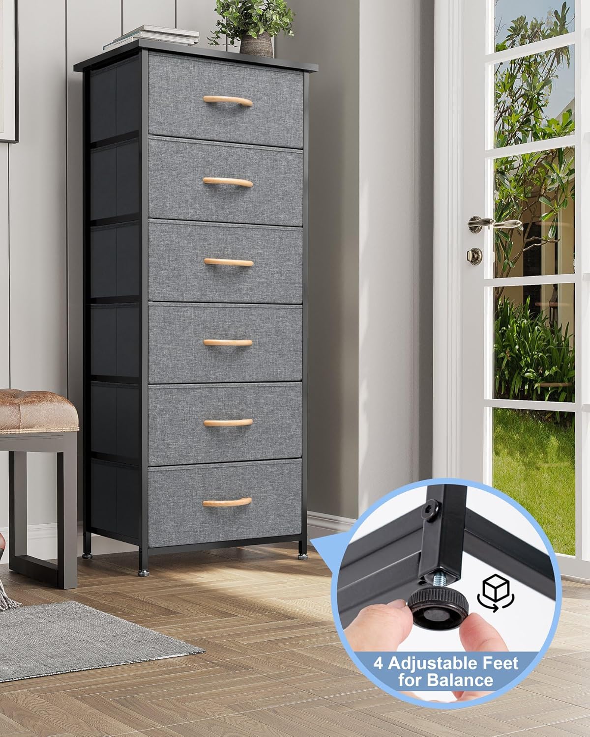 Crestlive Products Vertical Dresser Storage Tower - Sturdy Steel Frame, Wood Top, Easy Pull Fabric Bins, Handles Organizer Unit for Bedroom, Hallway, Entryway, Closets 6 Drawers (Gray)