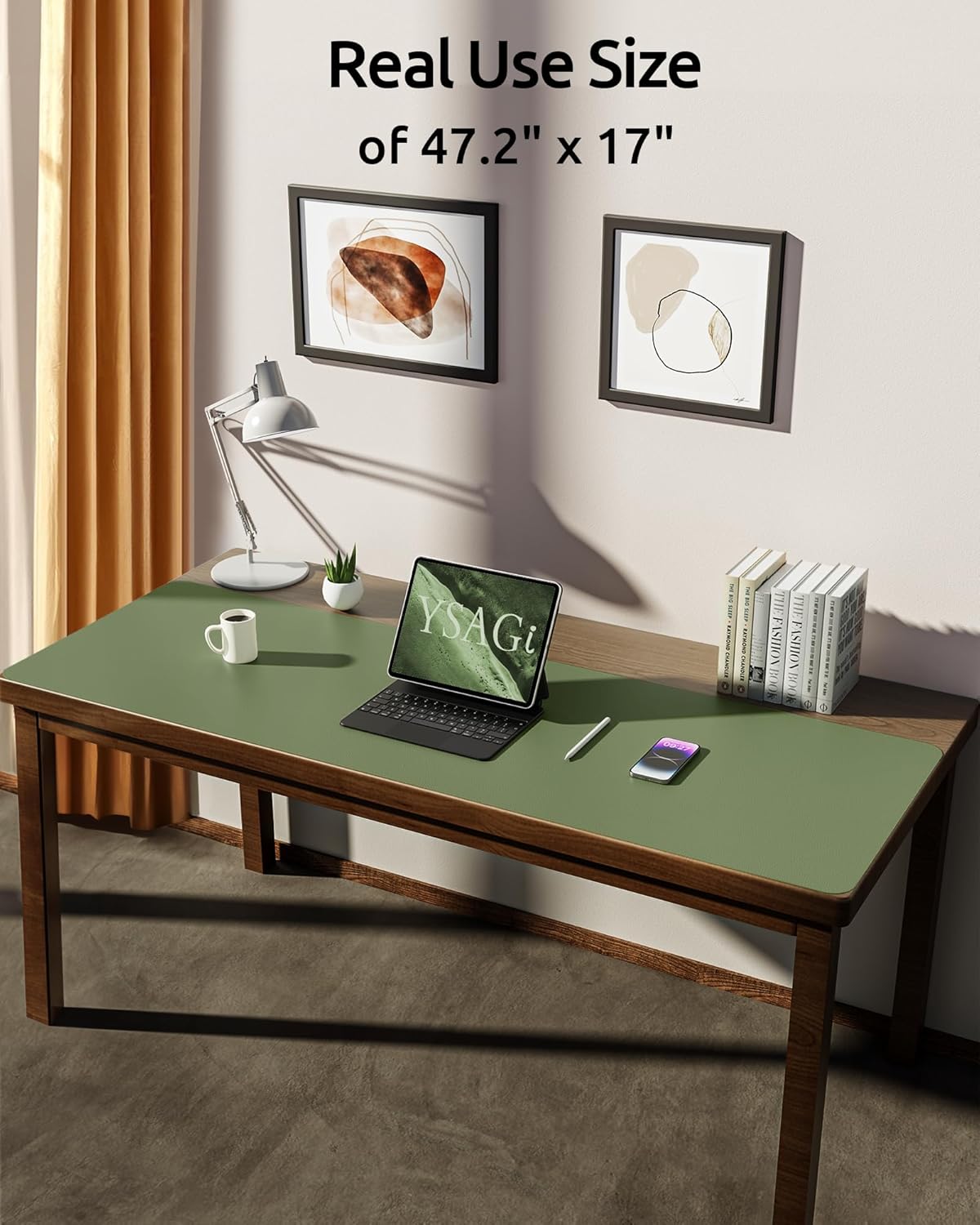 YSAGi Leather Desk Protector, Office Mat, Large Mouse Mat, Non-Slip PU Leather Blotter, Laptop Pad, Waterproof Writing Pad for Office and Home (Bamboo Green, 47" x 17")