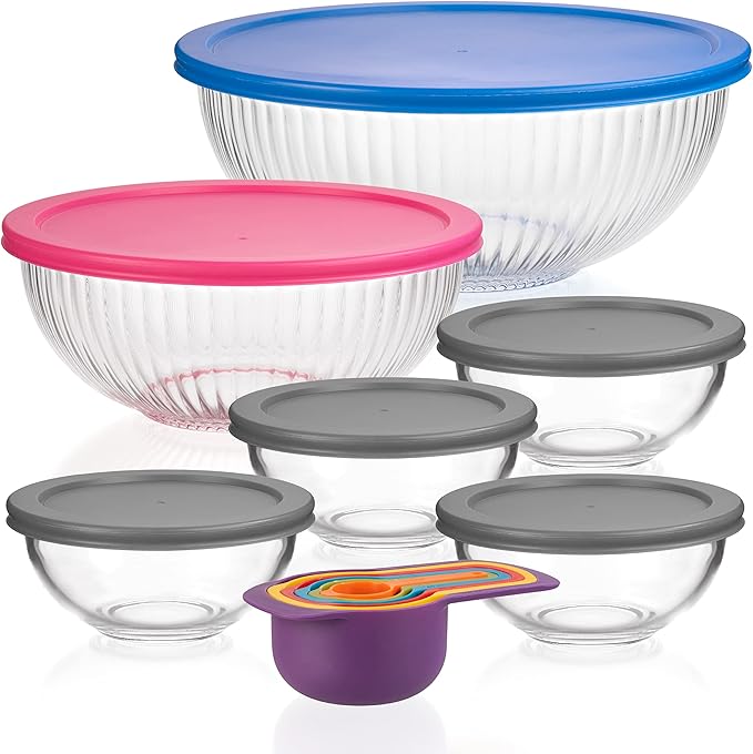 Set of 6 Stackable Space-Saving Nesting Glass Bowls with BPA Free Lids for Foodprep, Storage, Baking, Mixing & Cooking, Microwave Safe - Durable Inert Borosilicate Glass