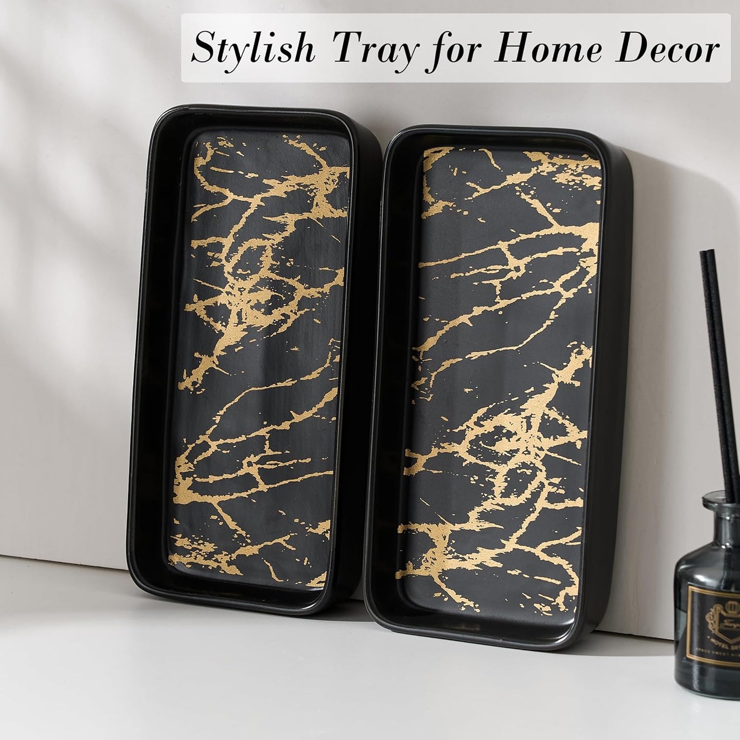 Bathroom Vanity Tray for Countertop,2PC Rectangle Marble Tray Set,Decorative Bathroom Organizer for Scrubber, Lotion Bottles, Perfume, Jewelry, Candle, Key Trinket Ring（Small,Black）