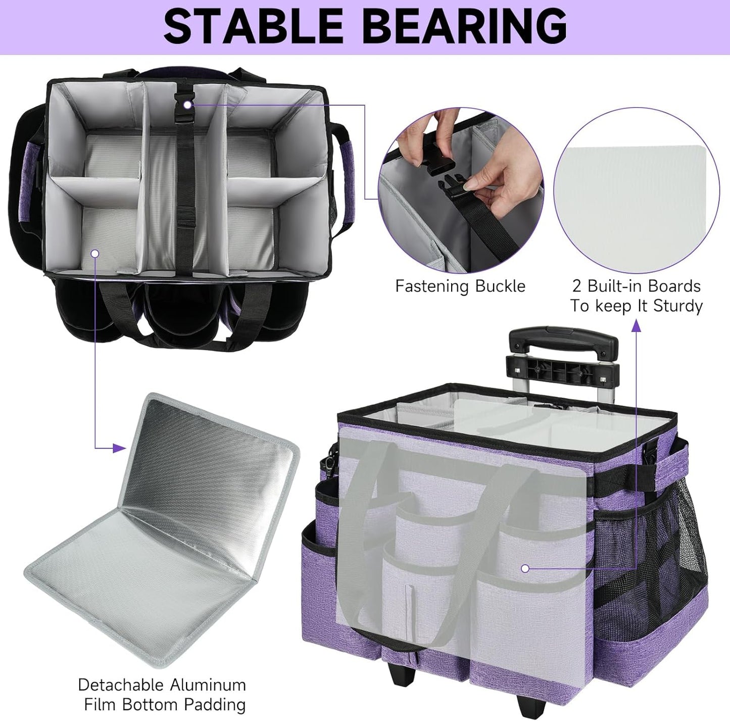 Large Rolling Cleaning Caddy Bag with Detachable Trolley,Cleaning Cart on Wheels with Shoulder Strap,Cleaning Supplies Organizer for Housekeepers,Purple