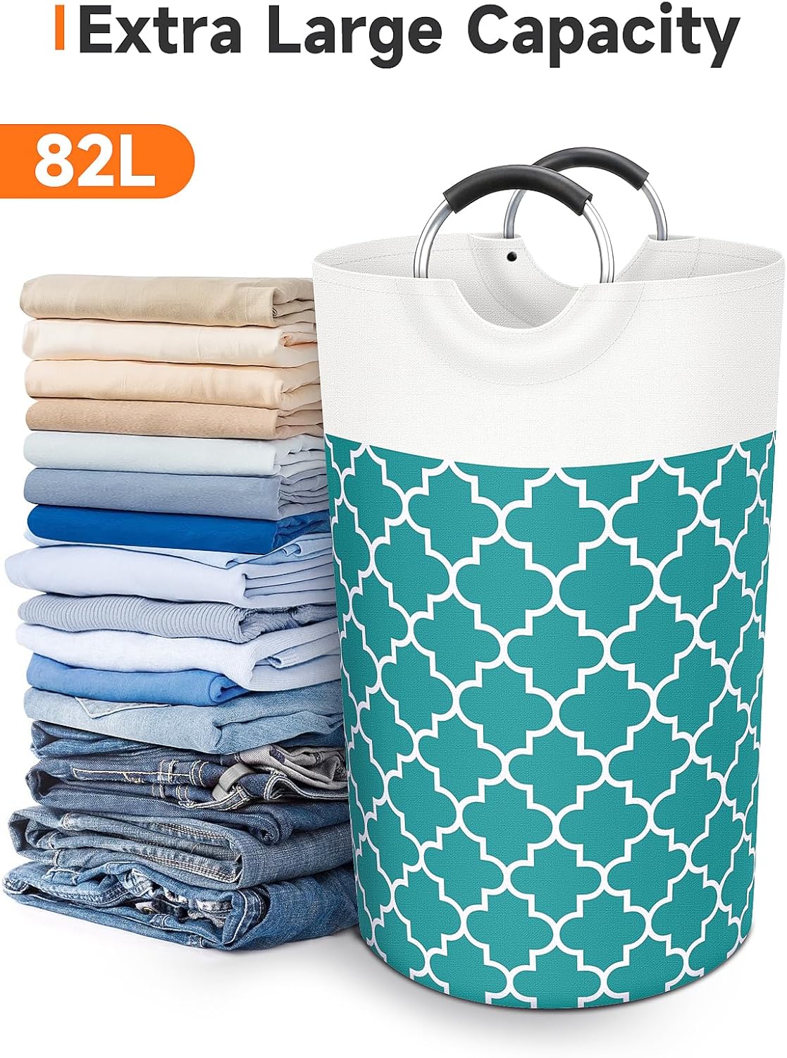 Large Laundry Basket Laundry Hamper Bag Washing Bin Clothes Bag Collapsible Tall With Handles Waterproof Travel Bathroom College Essentials Storage For College Dorm, Family (Green)82L