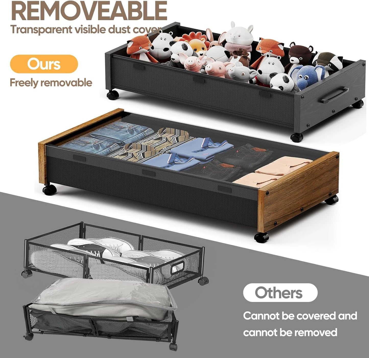 KITHELP Wooden Under Bed Storage with Wheels, 80L Extra-large Rolling Under the Bed Storage Bins 2 Pack with Removable Lid, Upgrade Metal Under Bed Drawers for Clothes Shoes Blankets in Bedroom