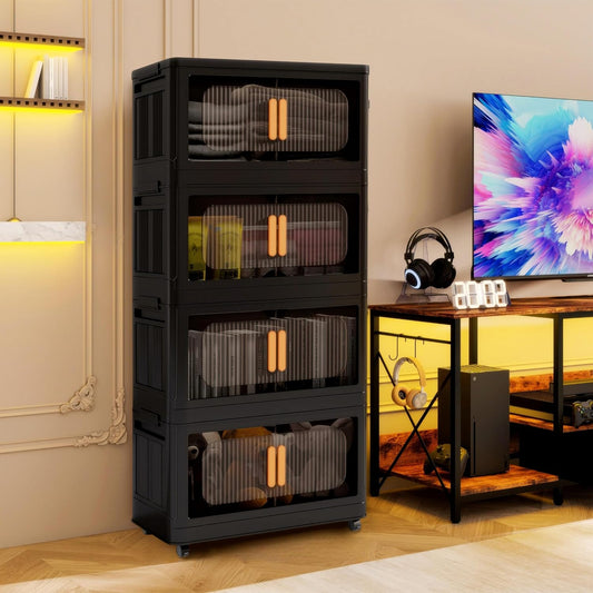 Holaki 256 QT Storage Bins with Lid, 4 Tiers Collapsible Closet Organizers, Stackable Plastic Storage Bins Cabinet with Wheels and Magnetic Door(Black Larger)