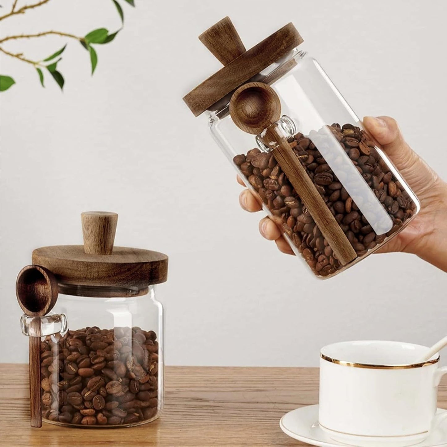 Glass Food Storage Jar with Acacia Wooden Lid and Spoon, Airtight Container for Cereals, Cookies, Snacks, Kitchen Canister Set (1 Pcs, Large/25oz)