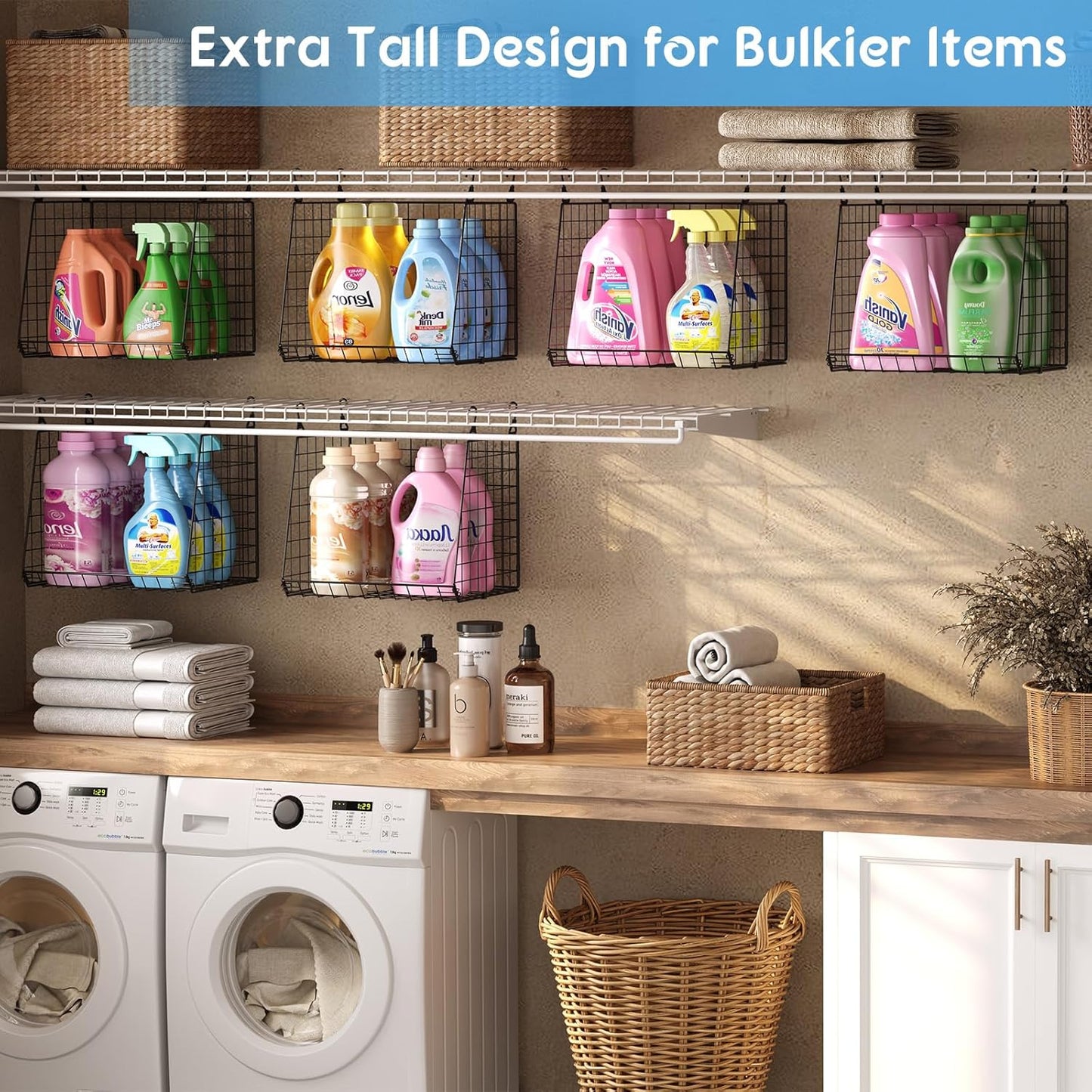 3-Pack Extra-Tall 13.6'' Hanging Laundry Basket Organizer, Foldable Wire Shelf with 360° Rotating Hooks & Reinforced Height - Durable Space-Saving Laundry Room & Closet Organizer, White Patent