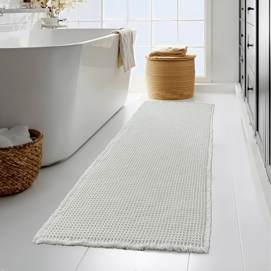 KGORGE Waffle Bath Mat, Non Slip 60" X 24" Long Bathroom Rug with Tassels, Ultra Soft Farmhouse Floor Cover Super Absorbent Large Carpet Rugs for Bathroom Shower Tub Toilet Kitchen, Pure White, 1pc