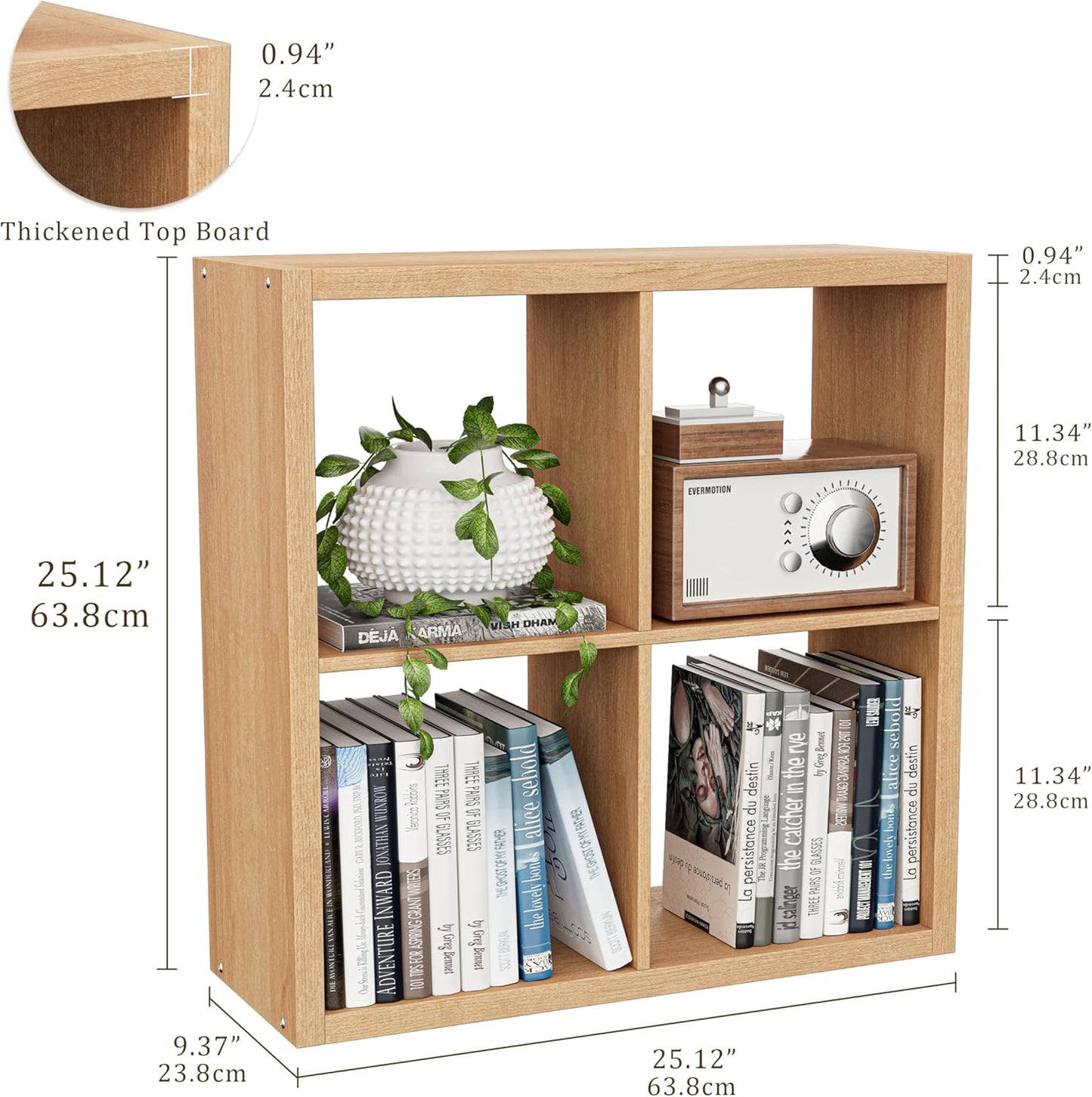 Cube Storage Organizer Bookcase, Decorative 11 inch Open Back Cubical Shelf with Thickened Border, Display Bookshelf for Living Room, Home Office, Sturdy Room (Natural Oak, 4 Cube)