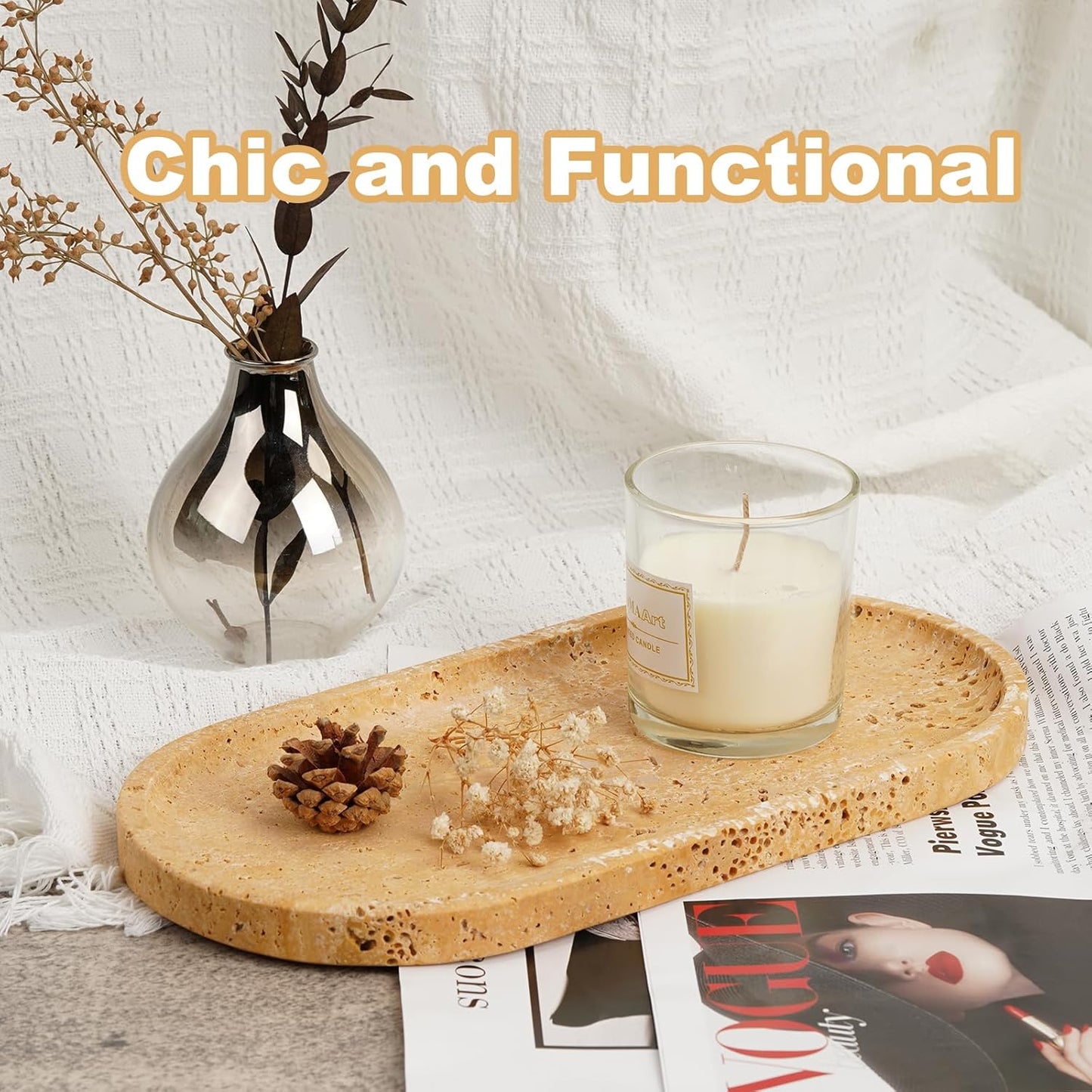 Koville Turkish Natural Travertine Decorative Marble Tray - 12"x6" Wabi Sabi Home Countertop Organizer, Catchall Tray for Perfume, Candles, Jewelry