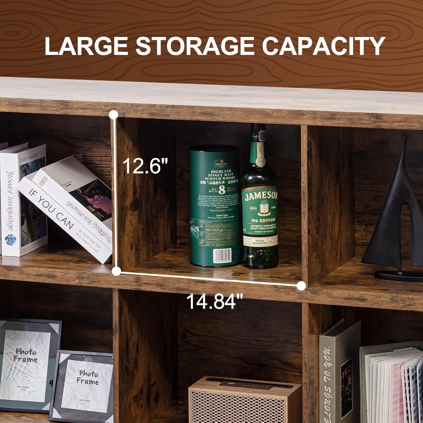 6 Cube Storage Organizer Bookshelf, Industrial Horizontal Bookcase, Accent Cubby Shelf, Media Console Table for Living Room, Home Office, 47.2 Inches, Rustic Brown