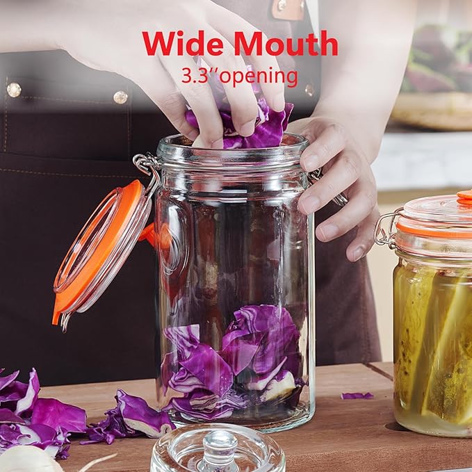 JILLMO 1 Liter Fermentation Jar, Glass Fermenting Kit with Weight for Making Sauerkraut, Hot Sauce, Mead, Cider and More, Pack of 2