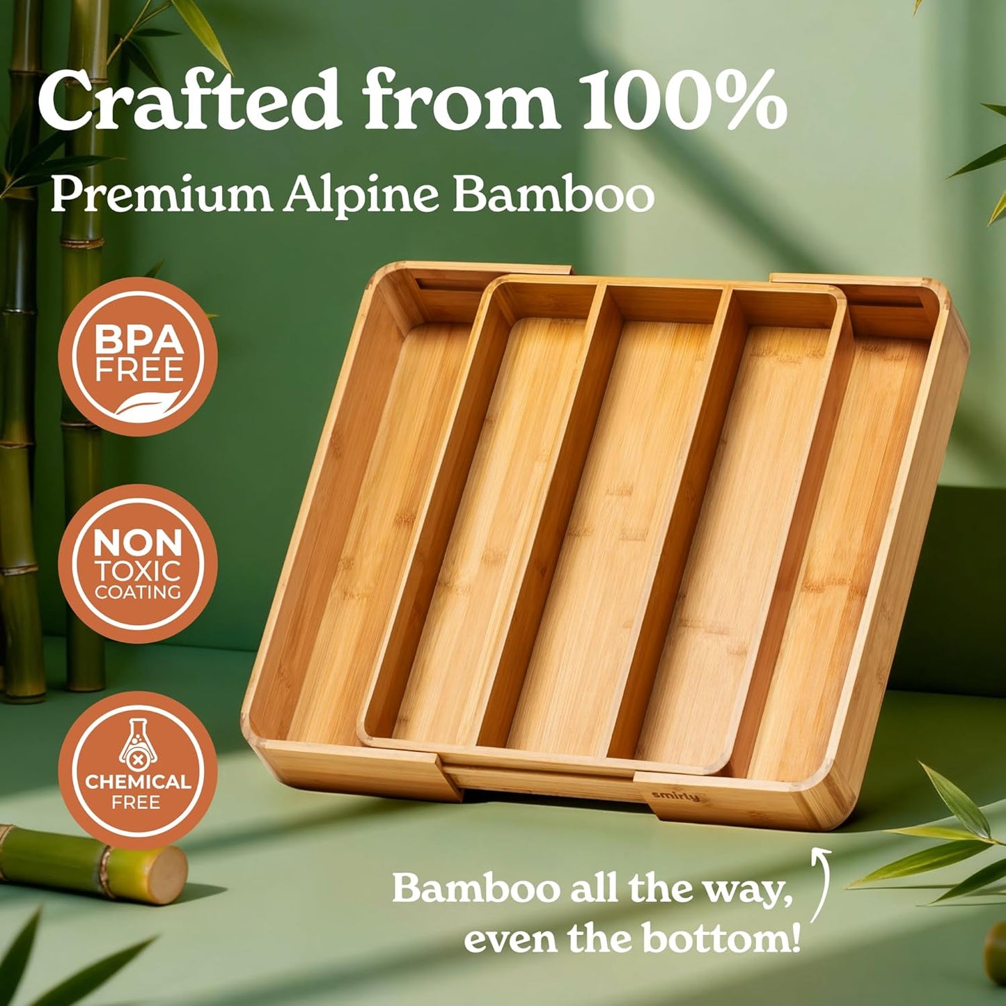 SMIRLY Silverware Drawer Organizer – Bamboo Kitchen Drawer Organizer, Adjustable Utensil Holder and Cutlery Tray, Drawer Dividers for Flatware and Kitchen Utensils